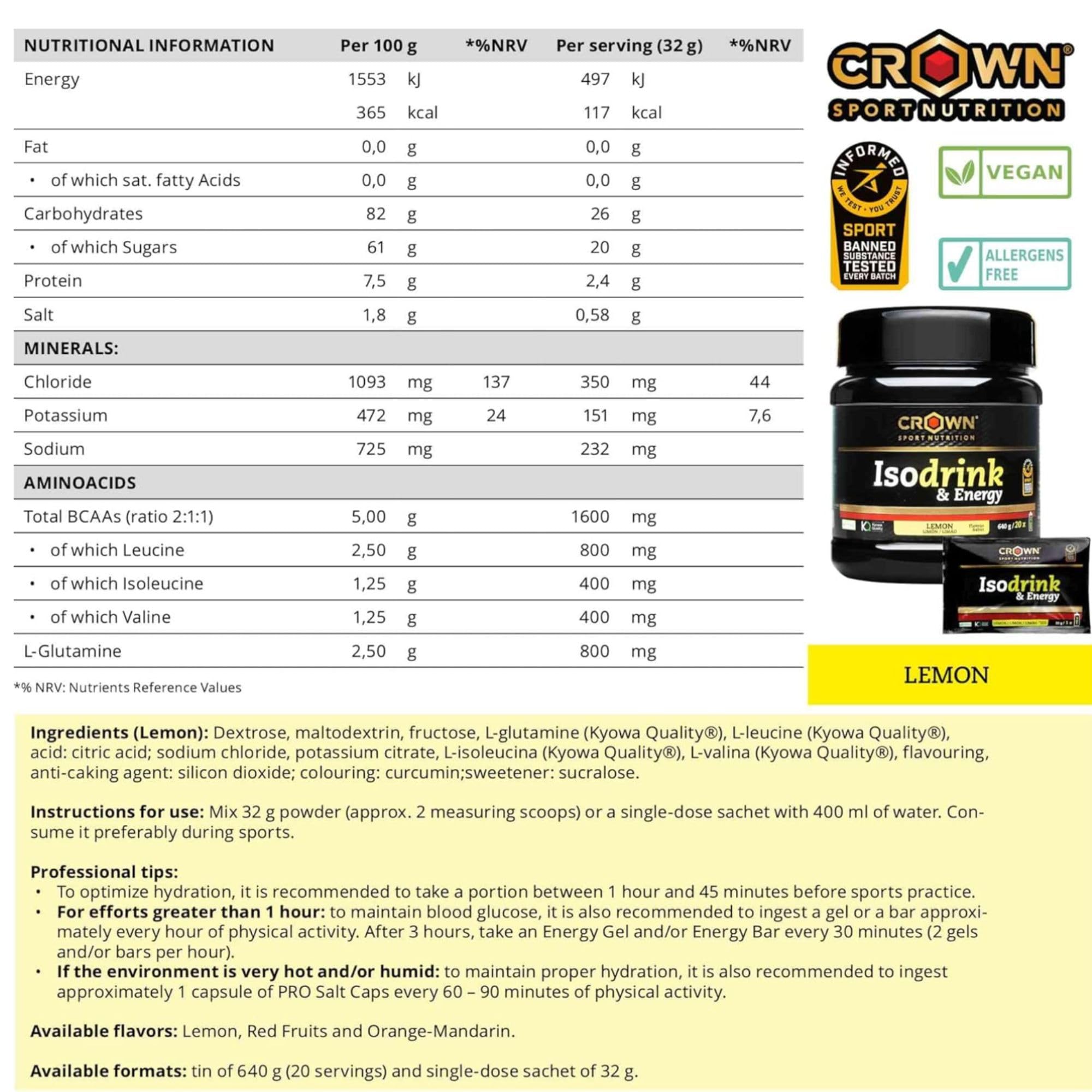 Crown Sport Nutrition Isodrink & Energy | Bebida Isotónica en Polvo con Electrolitos | Sales Minerales, BCAA y Carbohidratos | Sabor Limón | Bote 640 g | Informed Sport
