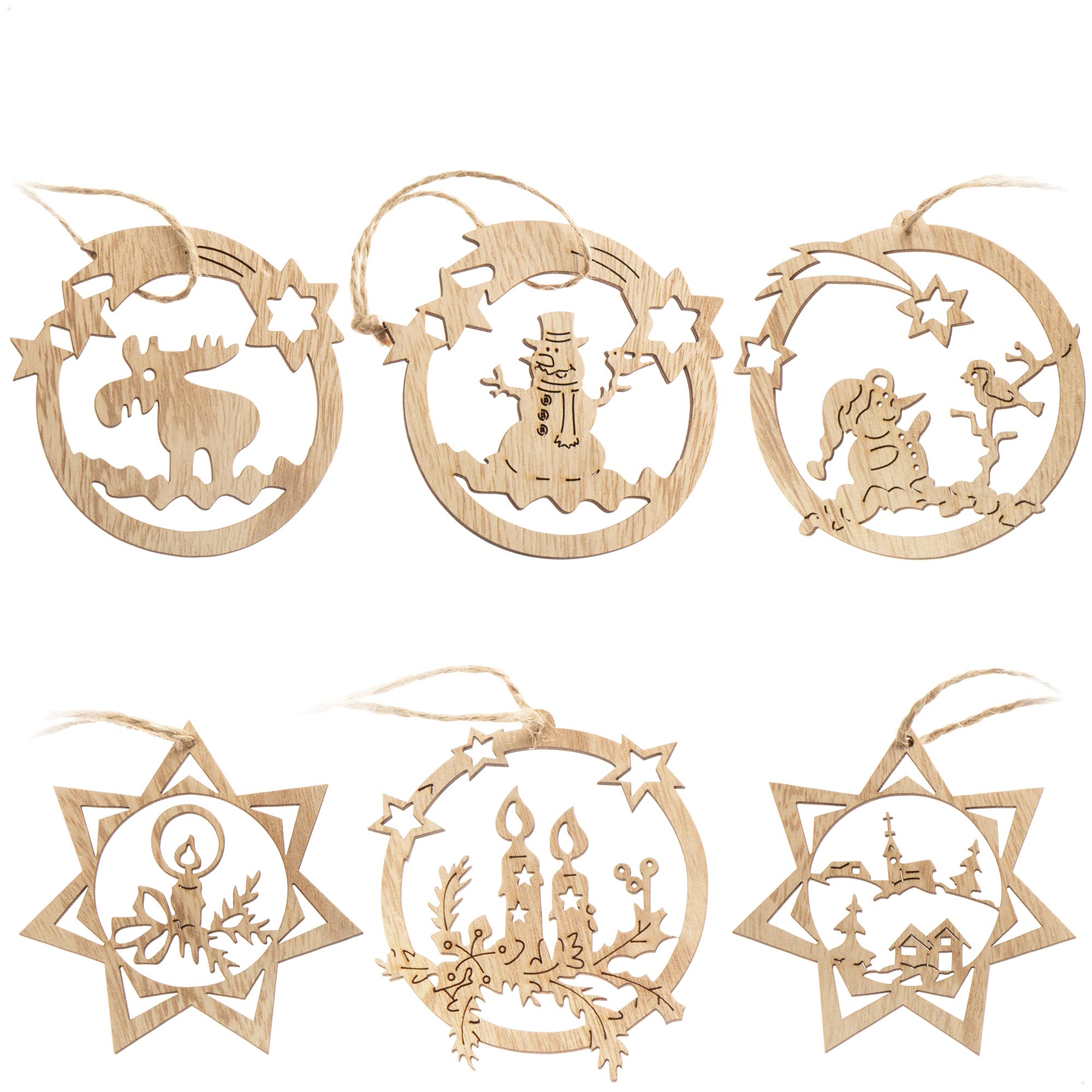 COM-FOUR® 6x Christmas tree decorations wooden pendant set - Christmas tree decorations for decorating - Christmas tree decorations star-shaped and in ball design