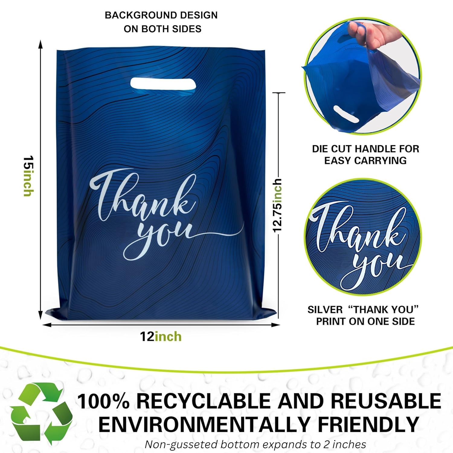 Rainbows & Lilies 100 Thank You Plastic Bags with Handles 12"W x 15"H Thick Reusable Bulk Shopping Bags for Small Business, Retail Merchandise, Boutique Gifts, Clothes, Goodie Party Favors (Navy Blue) - Image 3