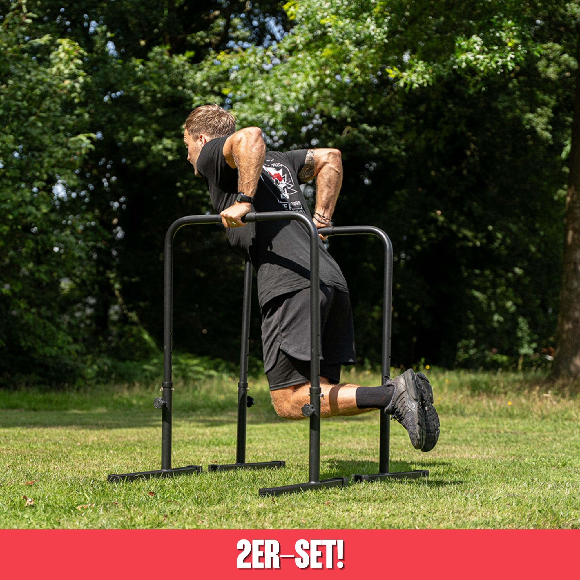 MATCHU - Verstellbare Dip Barren - Parallettes - Verstellbar in 75, 82, 89, 96 und 103 cm - 2er Set - Komfortabler Griff mit Rutschfesten Schaumstoffgriffen - Stahl - Schwarz