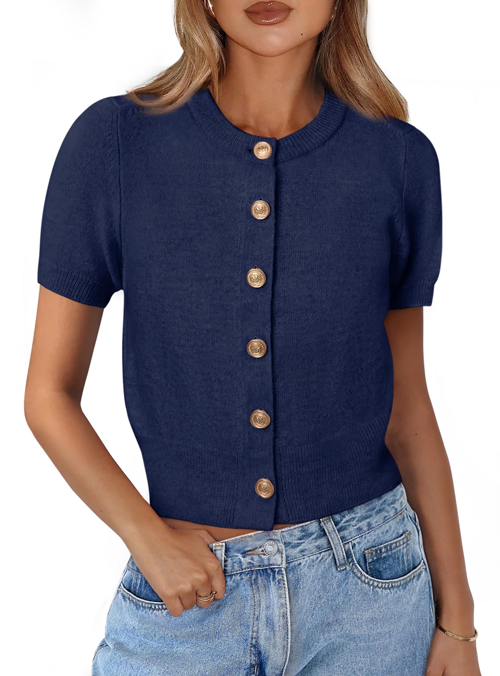 PRETTYGARDEN Womens Casual Summer Short Sleeve Cardigans 2026 Button Down Knitted Sweater Basic Crew Neck Crop Tops