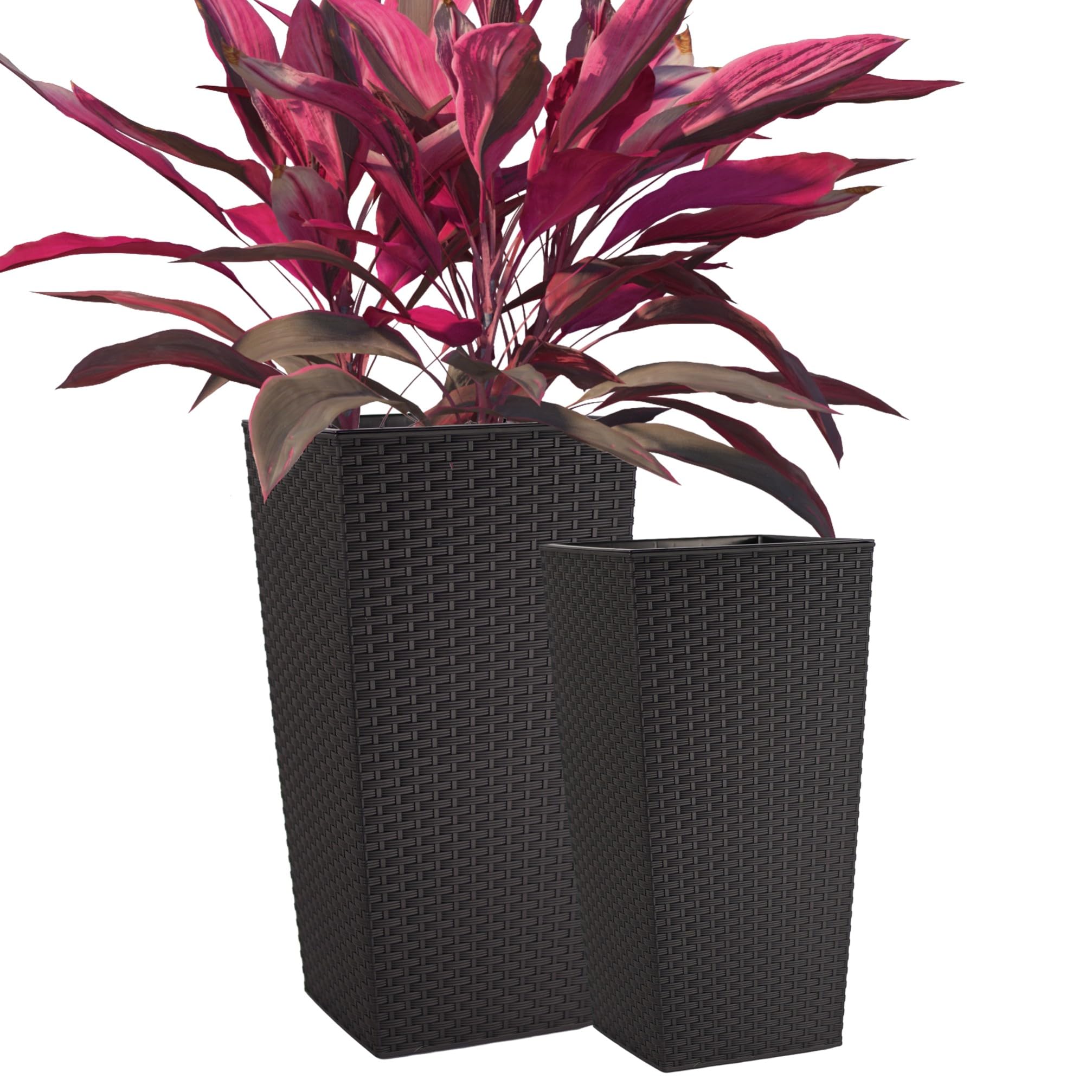 Ensemble de Pots de Fleurs avec Insert, Noir 57 cm | Pots de fleurs en 3 tailles : 37/47/57 cm, Aspect rotin et plastique recyclé, Pour la maison et le jardin