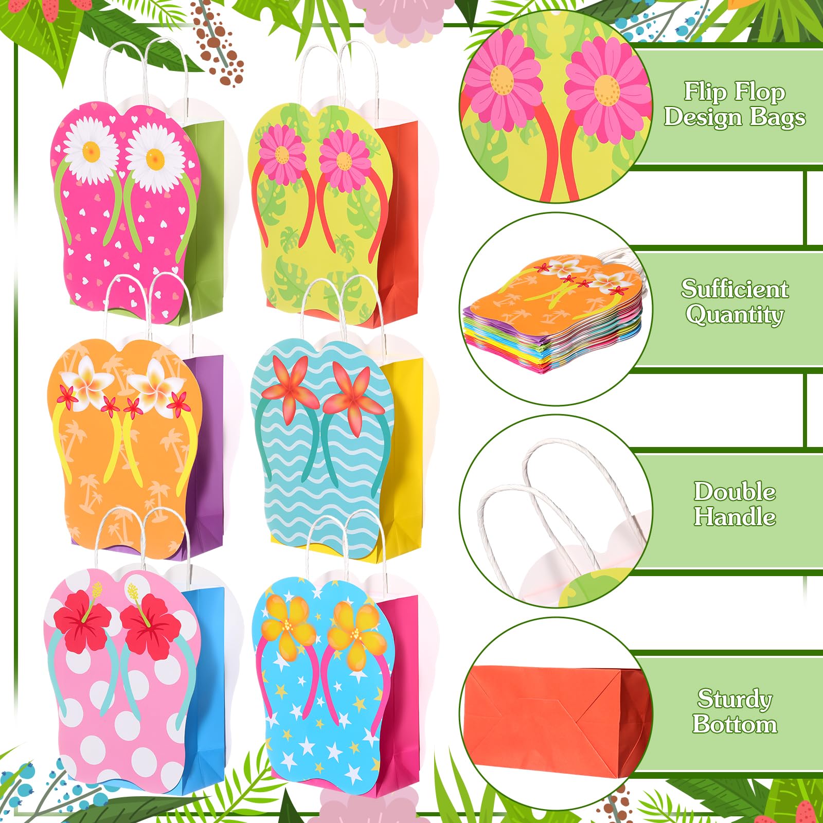 MotiMind 24 Pcs Summer Party Gift Bags Paper Beach Flip Flop Party Favor Bags with Handles Hawaii Pool Tropical Goodie Treat Gift Wrap Supplies