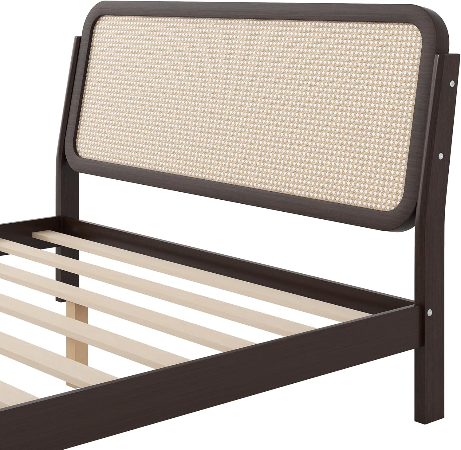 Queen Size Wood Platform Bed Frame with Natural Rattan Headboard Boho Platform Bed Frame with Led Lights Strong Wooden Slats for Girls,Boys,Kids,Teens, Adults (Antique Espresso-@RT)