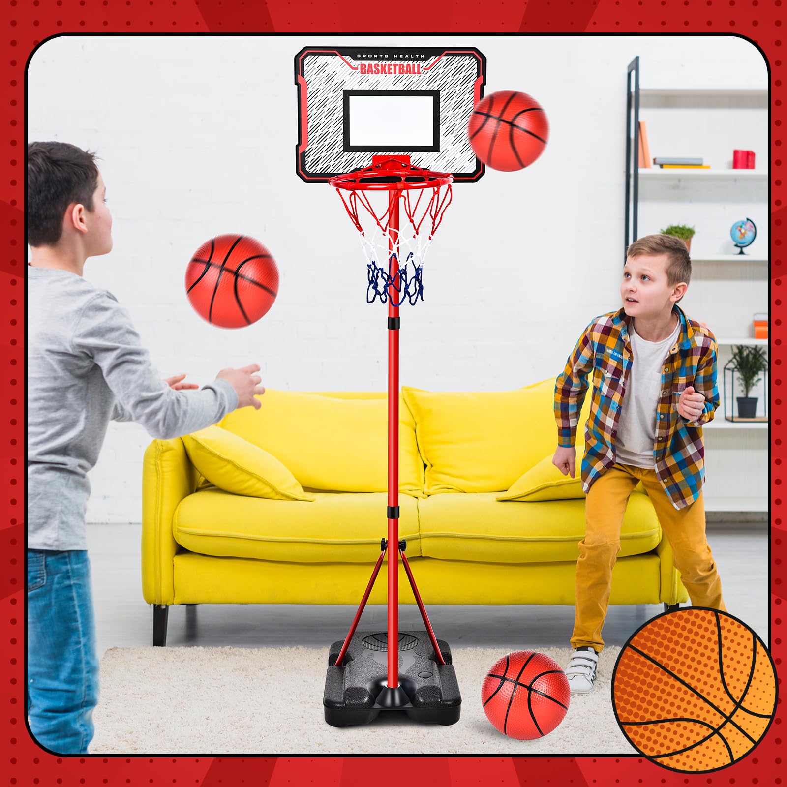 Herenear Canasta de Baloncesto para Niños, Altura Ajustable 107-193 cm, 2 en 1 Baloncesto y Dardos, Interior y Exterior, Portátil con Base Ponderada, para Niños de 3 a 8 Años