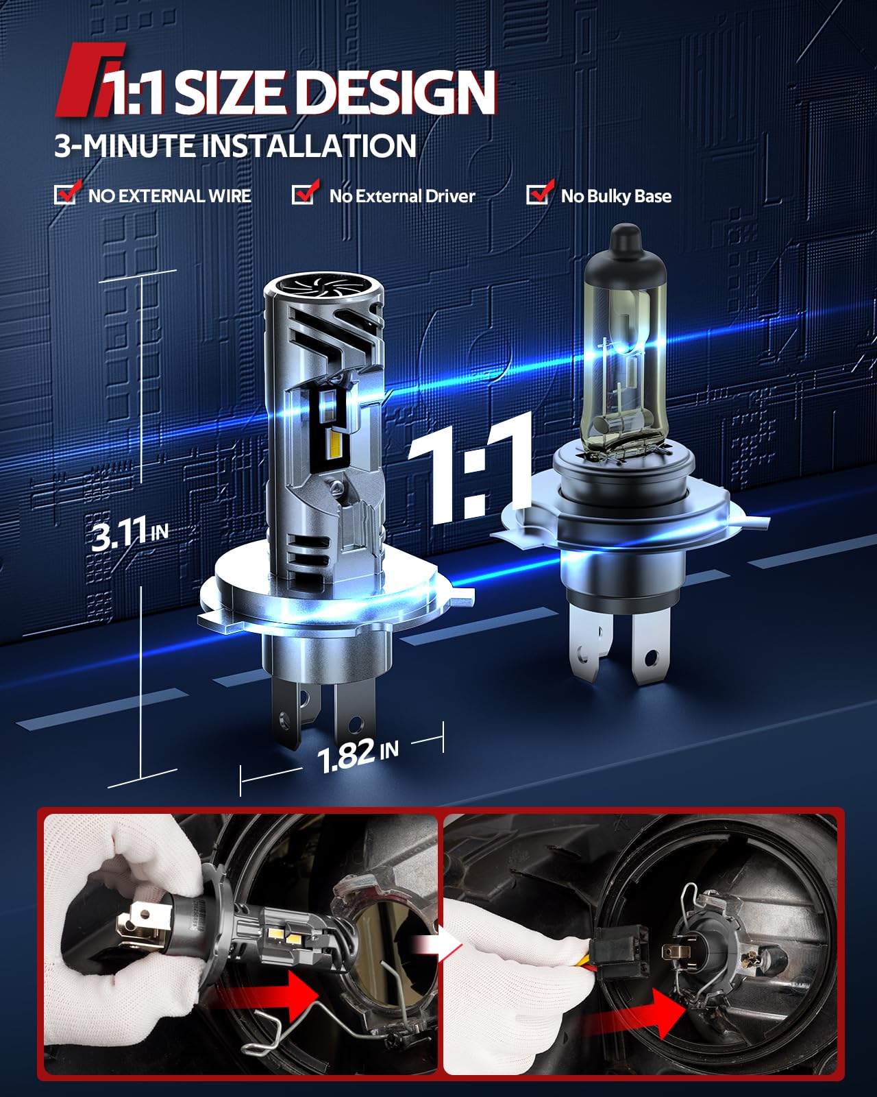 Torchbeam Lampadina H4 LED, 100 W, 32000 lm | 6500 K Bianco Freddo Auto e Moto Faro del Veicolo 1:1 Dimensioni per Sostituzione Alogena Auto, Plug-n-Play, Confezione da 2