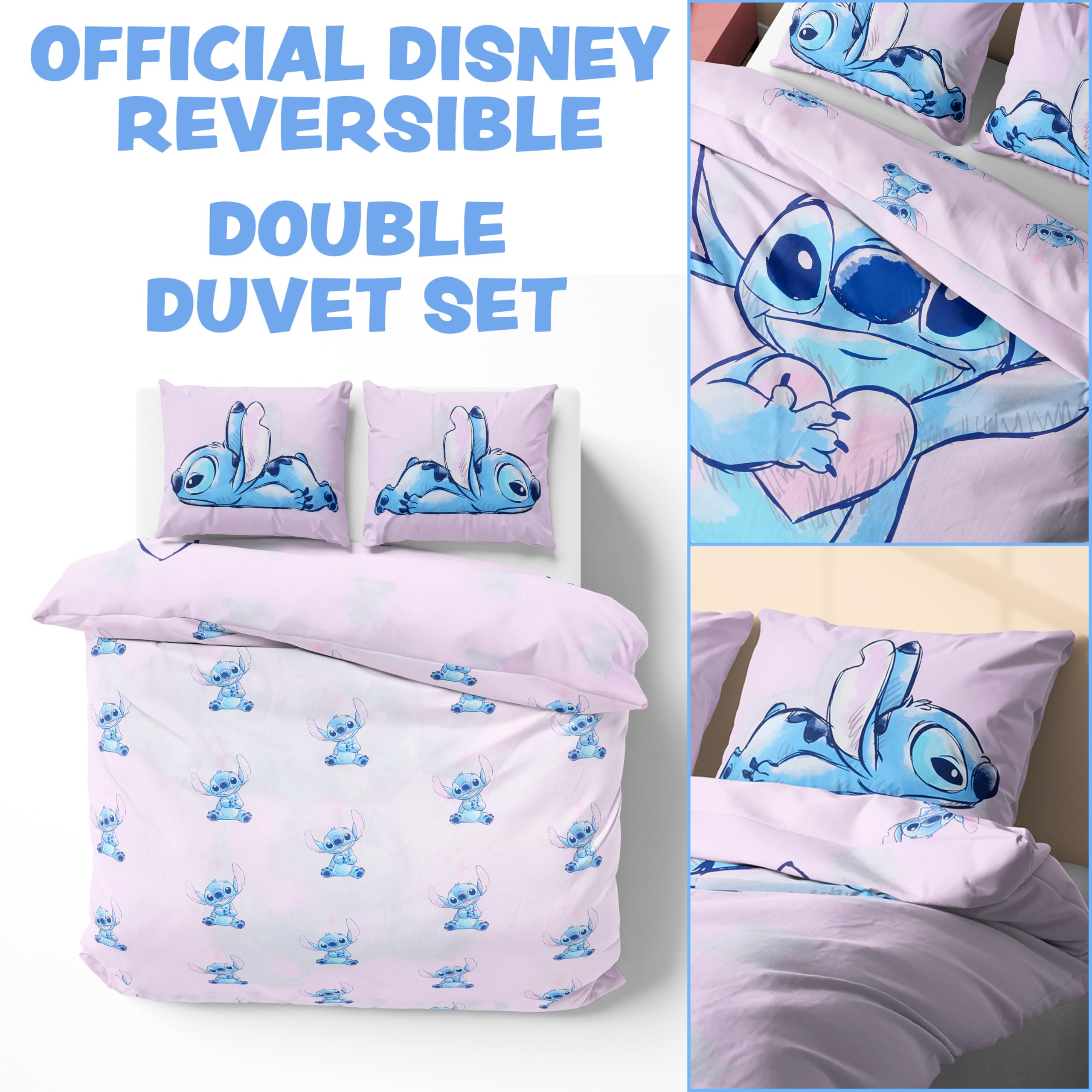 Disney Stitch Duvet Cover and Pillowcase Set, Single or Double Size, Bedroom Accessories for Kids Teens (Pink Stitch Double)
