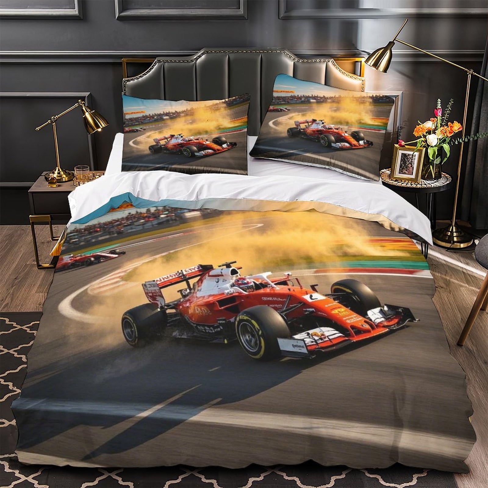 XiaopangXY Luxe Formulaa Racing Duvet Cover Set With Hidden Zipper, Single（140x200cm） Racing Car Quilt Cover Set with Pillowcases Bedding Set Soft Microfiber for Boy & Girl & Adults