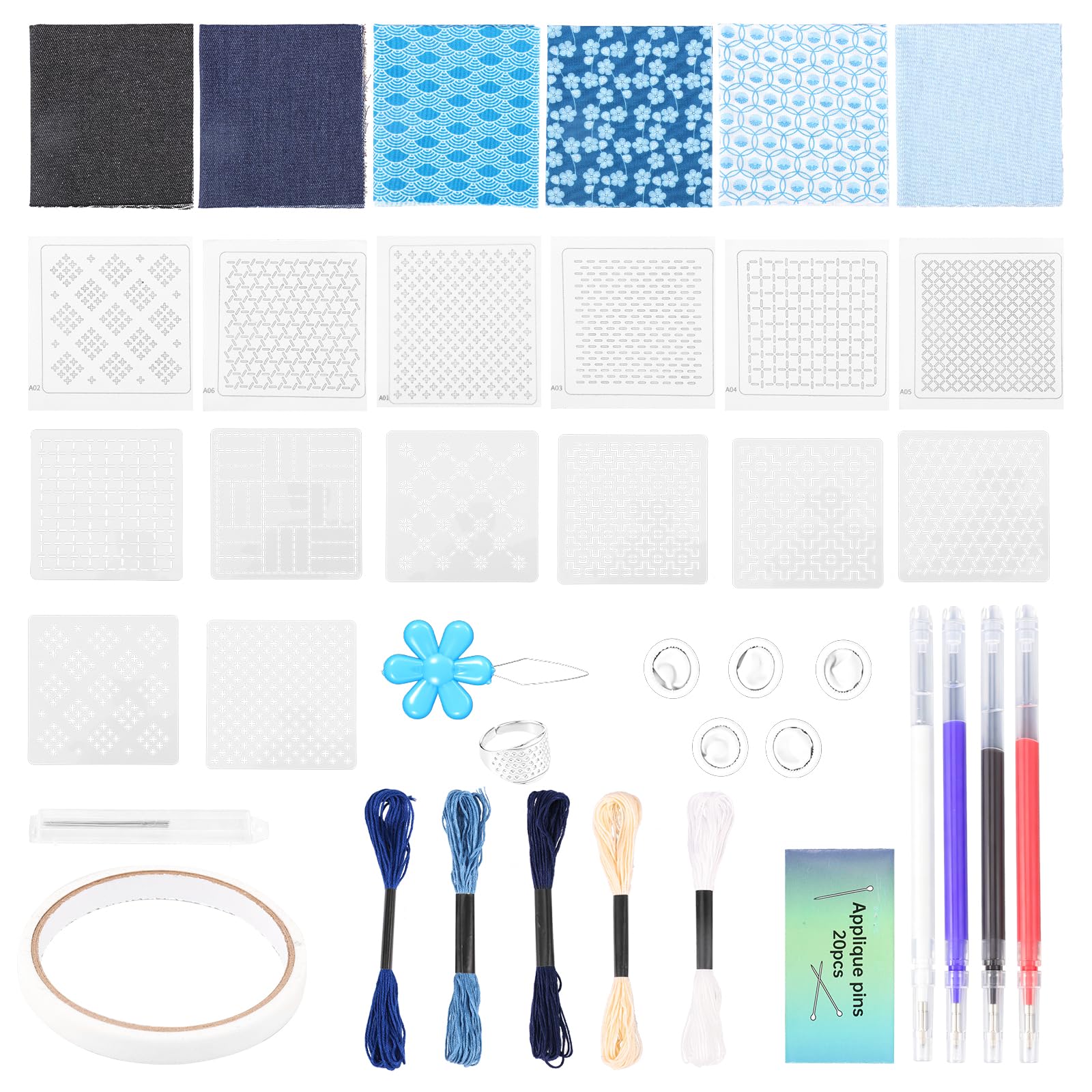 Sashiko Stencil Set, Sashiko Templates Include Water-Soluble Fabrics, Disappearing Marker, Embroidery Templates, Thread and Needles, Embroidery Stencils for Hand Quilting, Sewing and Textile Design