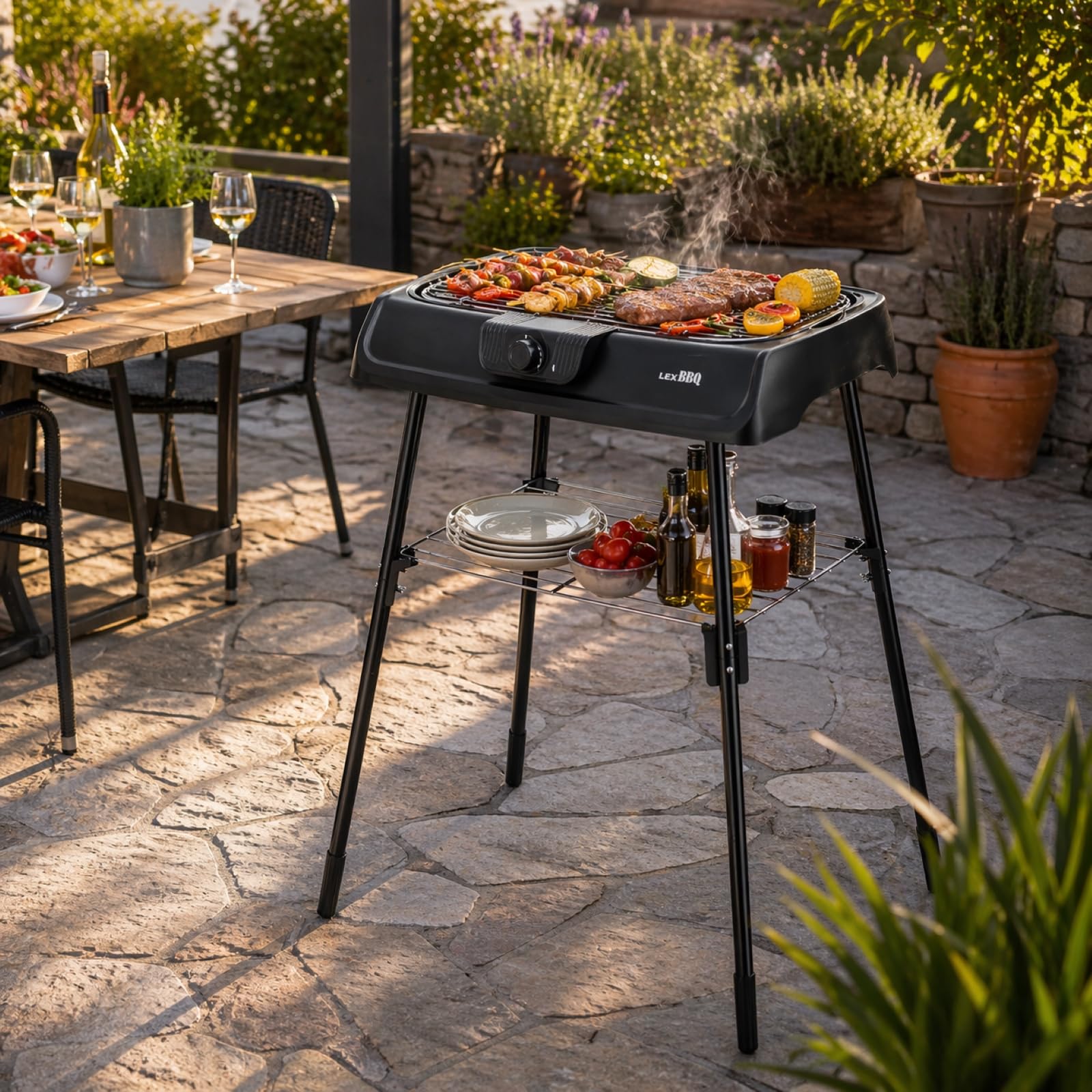 Barbecue électrique de table et barbecue sur pied 2000 W avec grille en acier inoxydable | Barbecue de balcon à faible dégagement de fumée | Barbecue électrique réglable en continu | Barbecue de