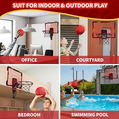 Miniatura 9 de HYES Mini aro de baloncesto para interiores con marcador, aro de baloncesto para puerta con 3 bolas e inflador, regalo de juguete de baloncesto para