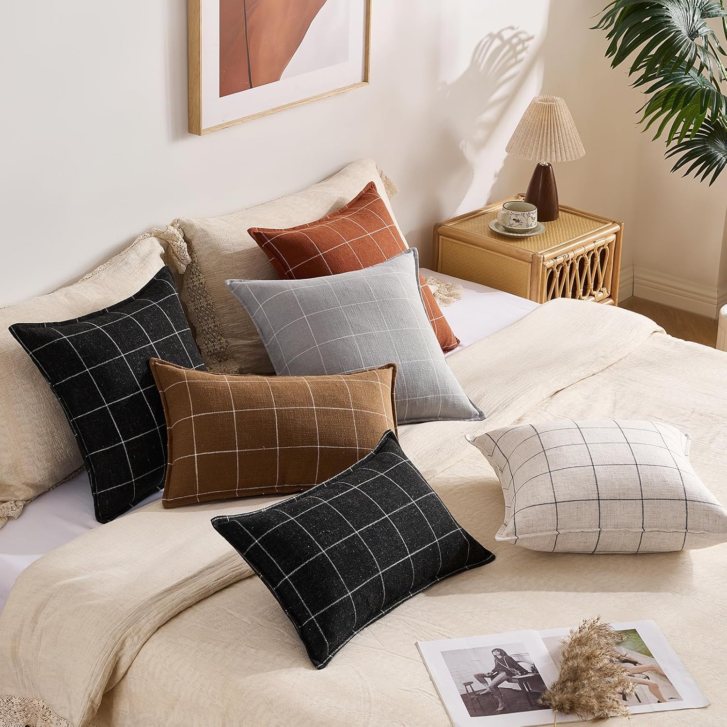 Black and White Plaid 22x22 Pillow Cover, Neutral Throw Pillow Covers 22x22 Set of 2, Modern Farmhouse Buffalo Checkered Decorative Linen Pillow Cover 22 x 22, Black Boho Living Room Decor