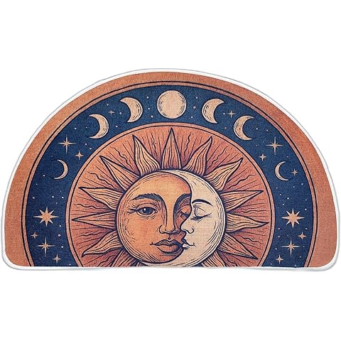 Semi Round Boho Sun and Moon Bathmat Fun Bath Mat Non Slip Washable Bathroom Decor Half Circle Bohemian Home Floor Doormat Semicircle Indoor Rug (Yellow, No Fluff)