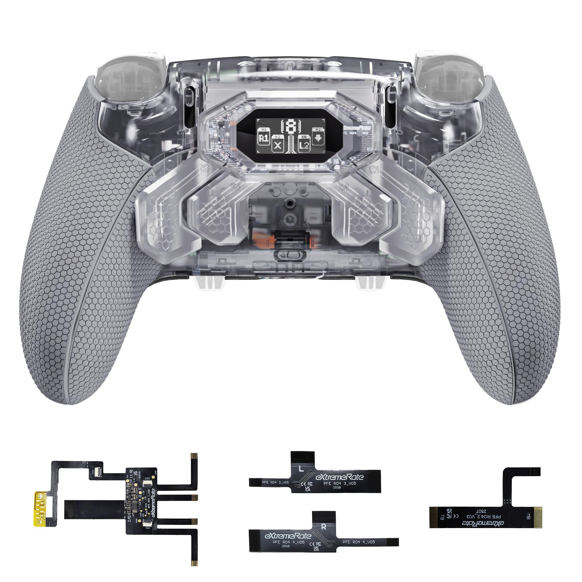 eXtremeRate Beyond Kit de Carcasa con Paletas Traseras para ps5 Edge Mando, Pantalla OLED, Empuñaduras Ergonómicas Antideslizantes, 4 Botones Traseros Reprogramables（Transparente & Gris）