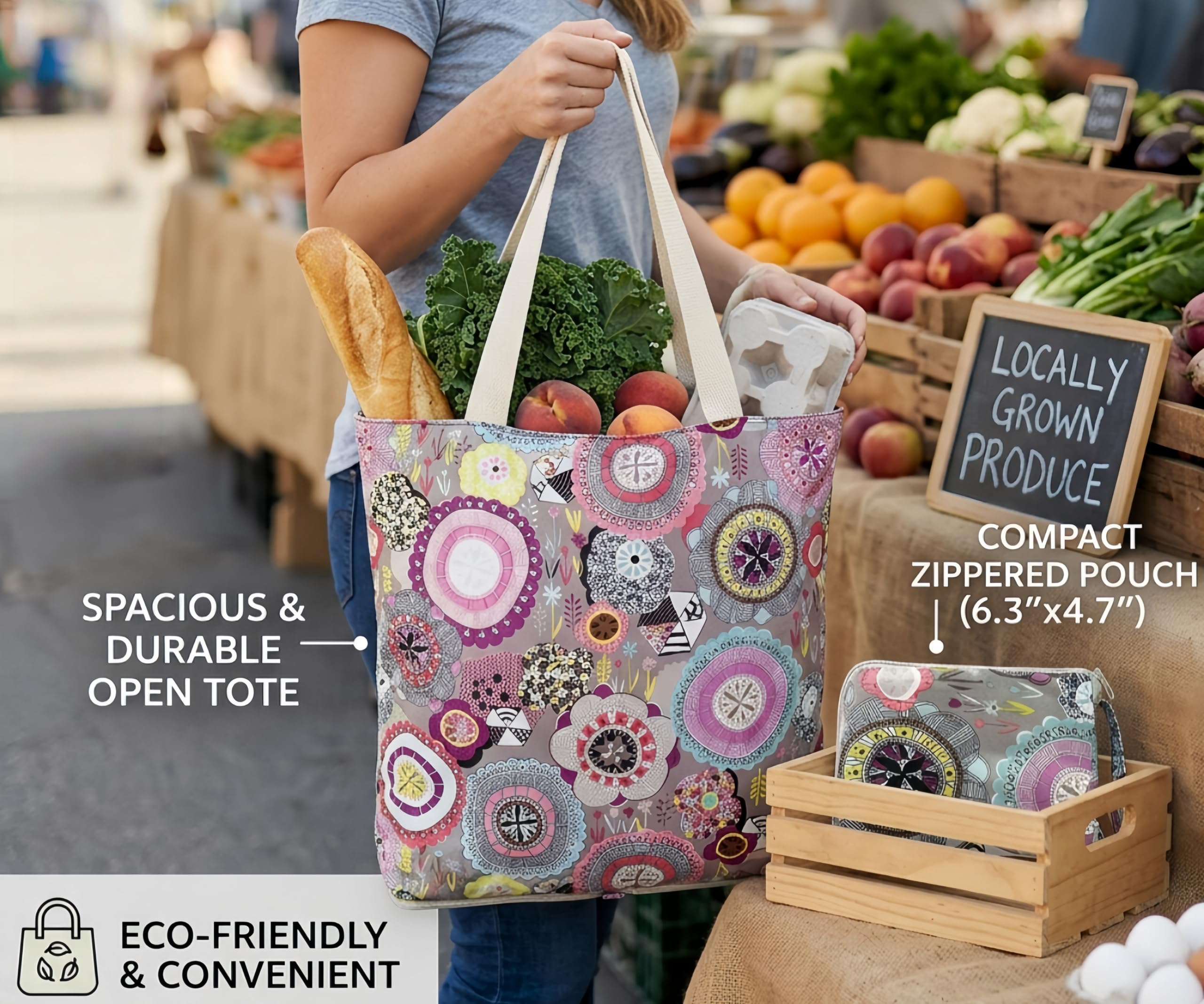 NC 4 Pack Foldable Kitchen Reusable Grocery Bags Floral Designs with Zipper Folding Shopping Tote Bags Lightweight Durable Large Bags 50LBS for Grocery