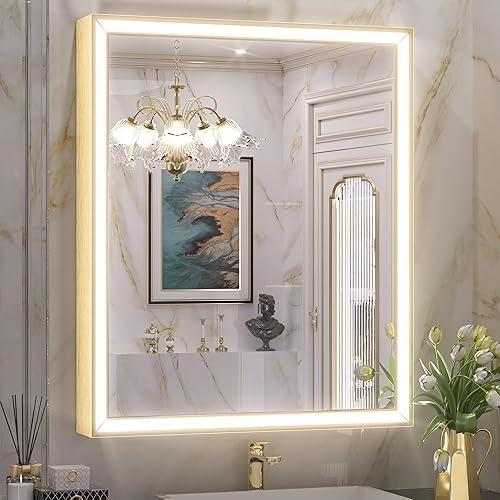 Keonjinn Espejo de baño LED dorado de 30 x 36 pulgadas con parte delantera, luz en ángulo de 45, difusor biselado, espejo de tocador dorado
