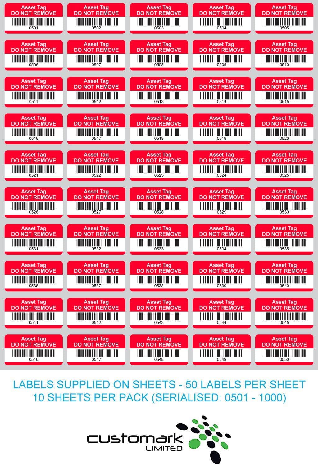 Red Asset Tag Labels, Barcoded and Numbered 501 to 1000-38mm x 20mm Permanent Synthetic PP Labels - Image 2