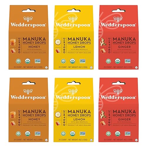 Wedderspoon Gotas de miel orgánica de Manuka, paquete variado, 4 onzas (paquete de 6), miel genuina de Nueva Zelanda, remedio perfecto para