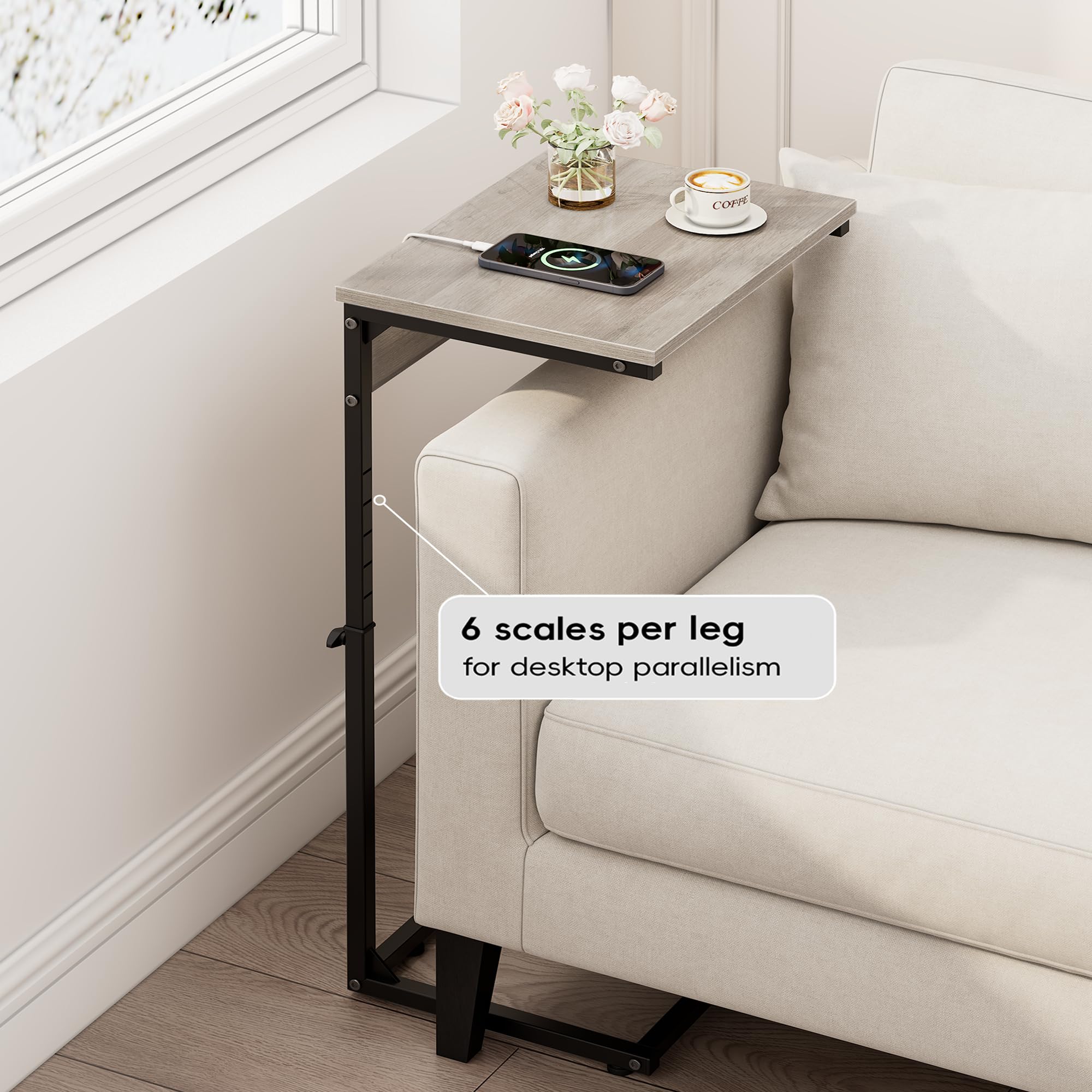 Vagusicc Beistelltisch C Form mit Steckdose, Höhenverstellbar 52-85 cm, mobiler Kaffeetisch, Wohnzimmertisch mit Metallgestell, Couchtisch, Laptoptisch, Nachttisch für Schlafzimmer, Wohnzimmer, Grau