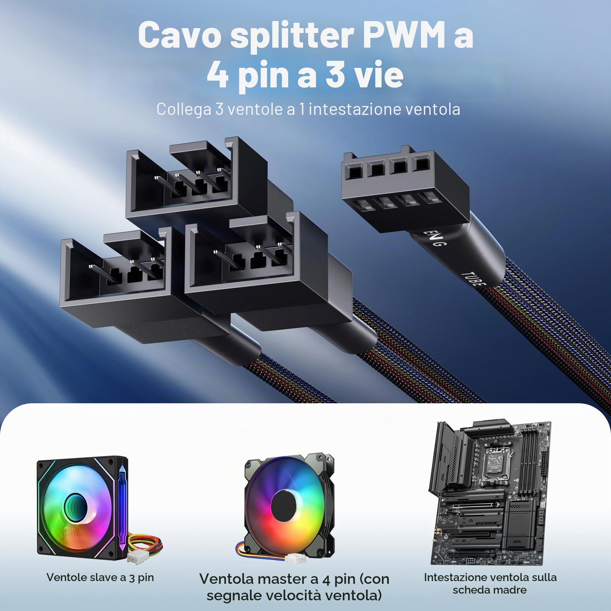 Cable Matters Confezione da 2 cavi splitter PWM a 4 pin, 30 cm, 3 cavi splitter per ventola del computer, cavo splitter per ventola PC, cavo splitter per 3 ventole