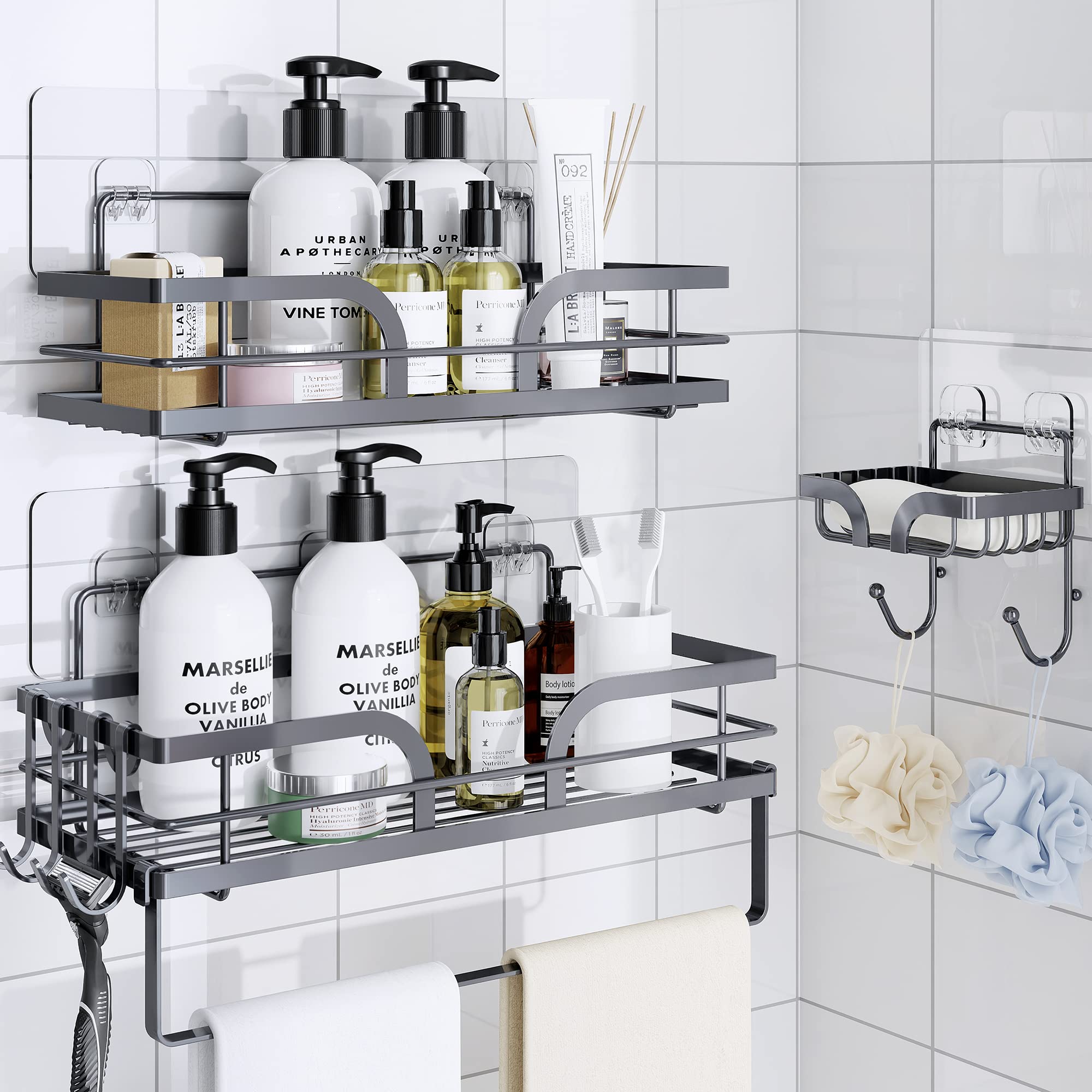 Shower Caddy(3 Pack), Bathroom Shower Shelf No Drilling, Adhesive Wall Mounted Bathroom Storage Rack with Soap Razor Holder, Stainless Steel Kitchen Organizer with 2 Double Hooks and 1 Towel Rack