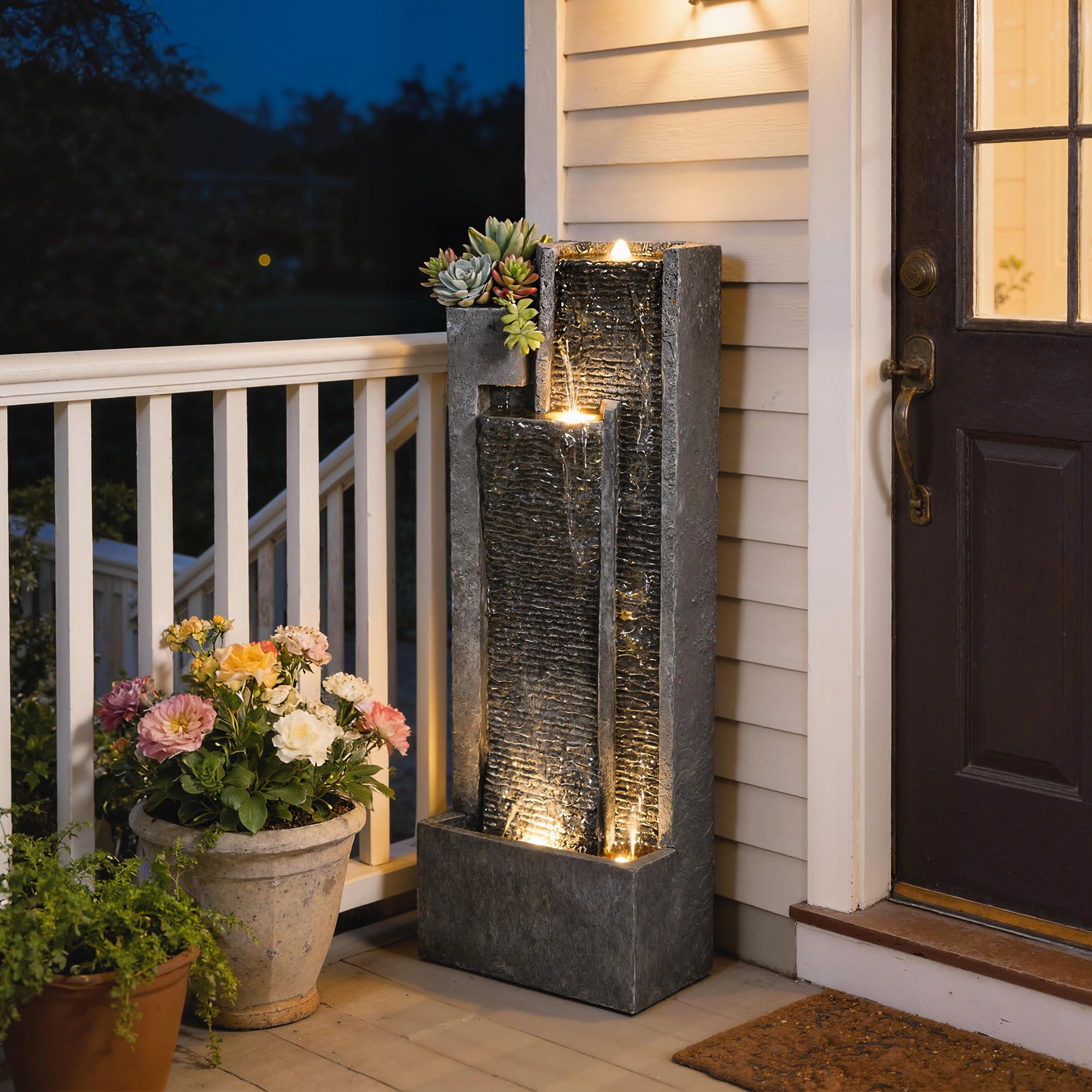 Outsunny Fontaine de Jardin extérieure Cascade 3 Niveaux - Fontaine Eau avec jardinière et Mur d'eau Moderne - 101 cm Grande décoration terrasse Zen Lumineuse 24 LED Gris