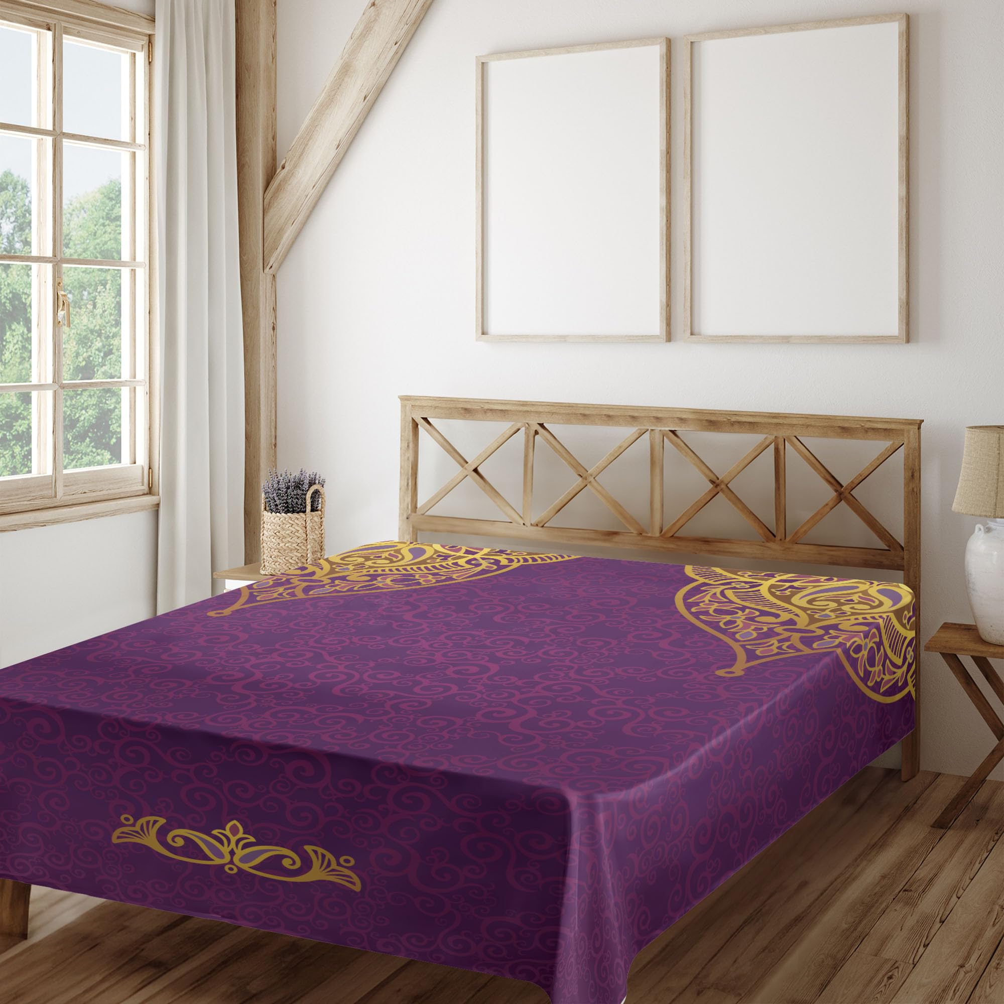 Ambesonne Purple Flat Sheet, East Oriental Royal Palace Patterns with Bohemian Style Art Traditional Wedding, Soft Comfortable Top Sheet Decorative Bedding 1 Piece, California King, Purple Yellow