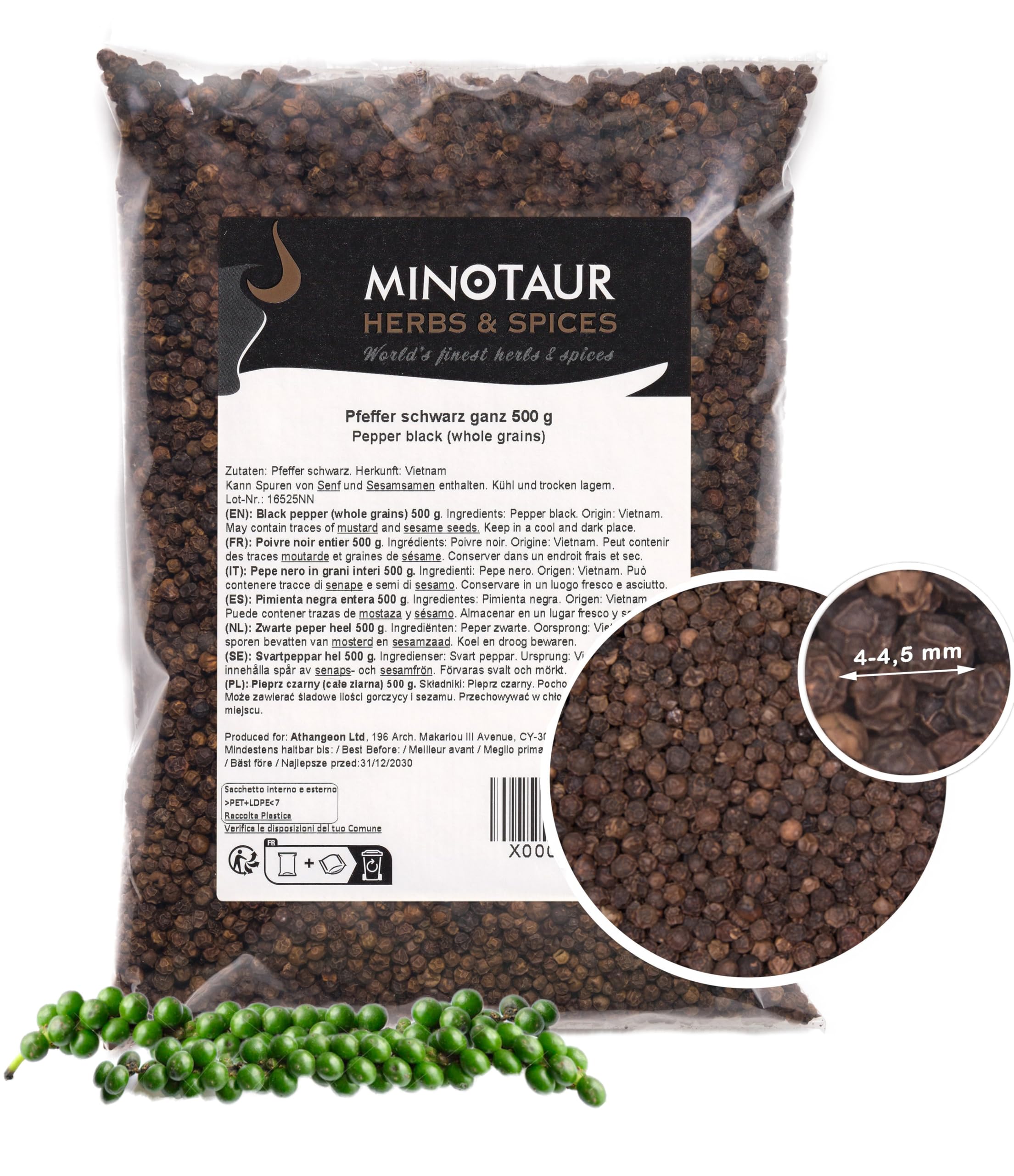 Minotaur Spices | Poivre noir, Poivre en grains entier, 2 x 500 g (1 kg)