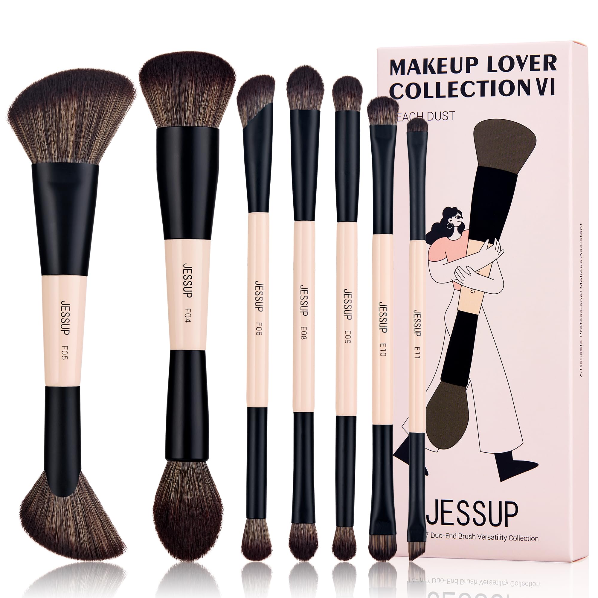Jessup Makeup Brushes Set 14-in-7 Double Sided Makeup Brushes for Foundation Concealer Blush Eyeshadow Contour Bronzer Powder Blending Eyebrow Eyeliner, Cruelty-Free Make up Brushes Peach Dust T600Jessup Makeup Brushes Set 14-in-7 Double Sided Mak…
