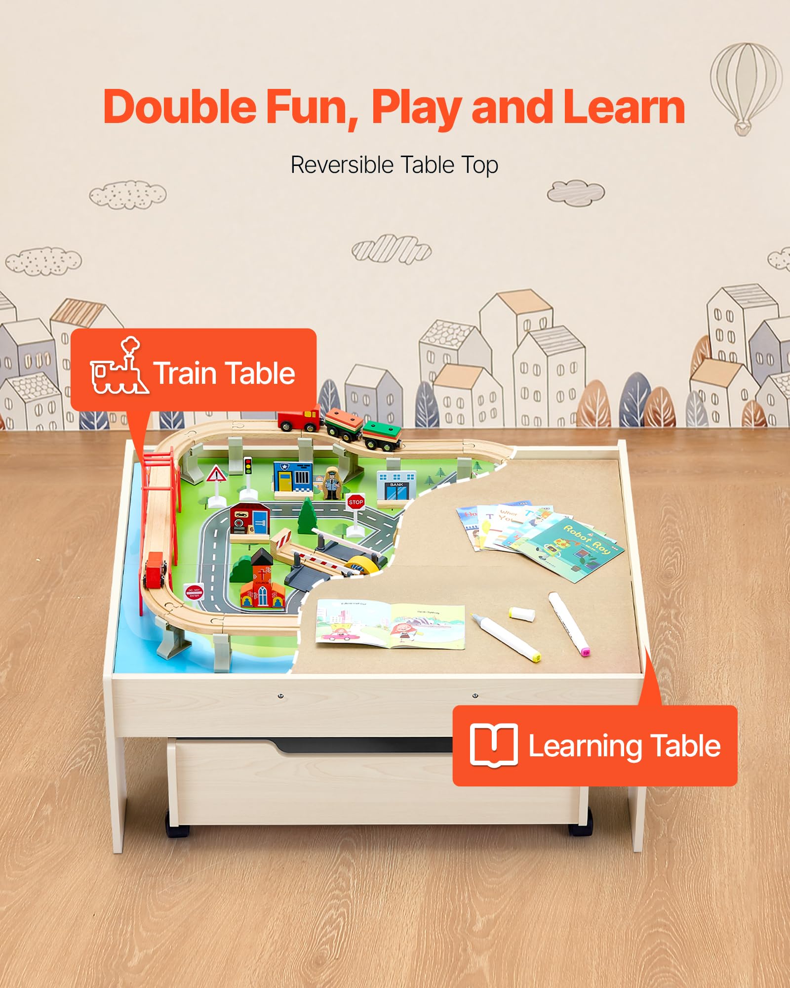 VEVOR Holz Aktivitätstisch, 100-teilig, Eisenbahntisch mit rollender Schublade, 3-in-1-Holzeisenbahn-Set zum Spielen, Malen, Lesen, Essen, kreatives Spielzeug-Set für Kinder ab 3 Jahren
