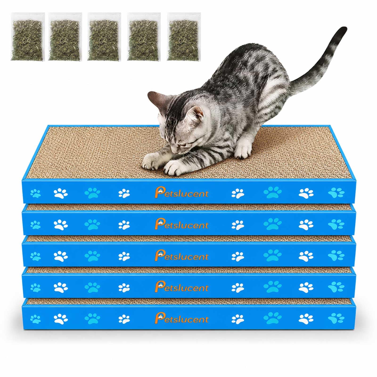 Petslucent Cat Scratching Board, Corrugate Cat Scratcher for Indoor Cats with Box, Cat Scratch Pad with Catnip, Cardboard Cat Scratcher Double-Sided Usability (5 PCS)