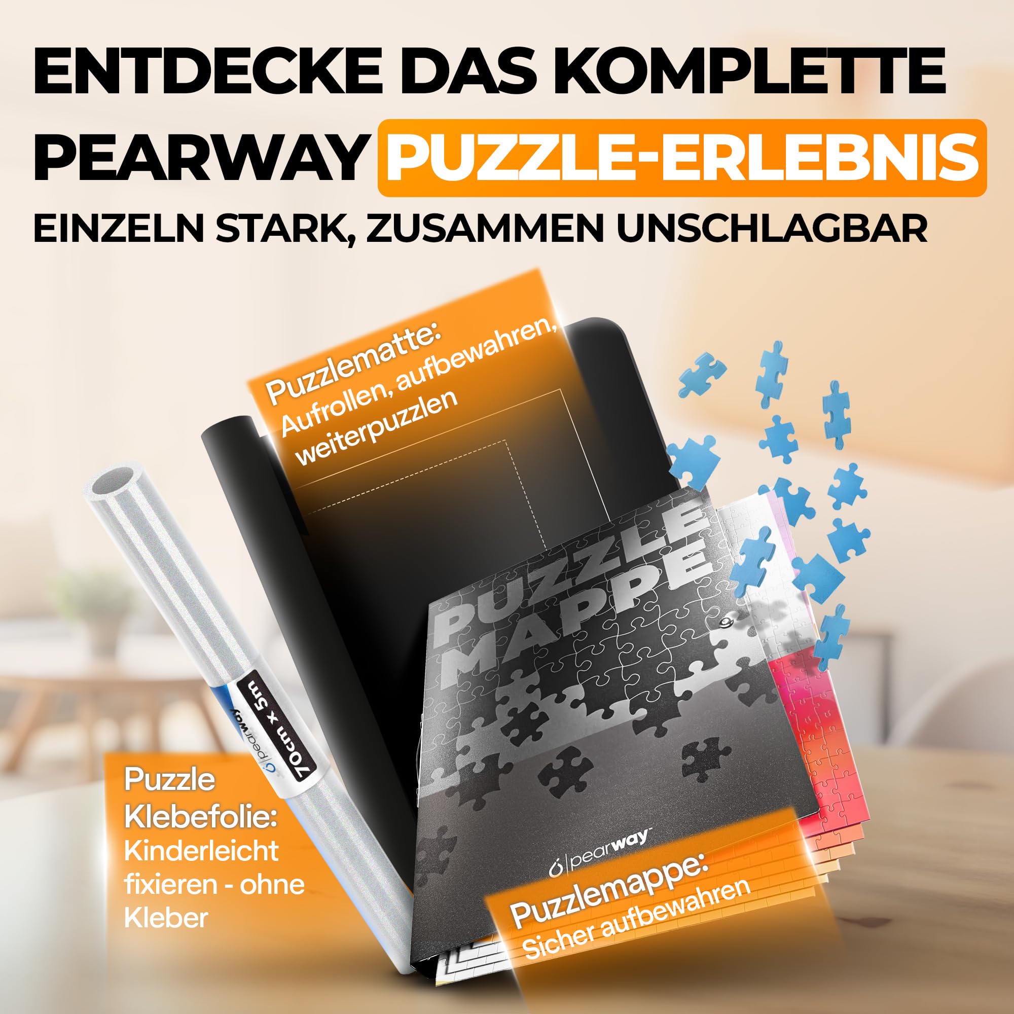 PEARWAY Puzzlematte 1000 Teile zum Aufrollen - inkl. Sortierschalen & sanft gleitender Oberfläche statt rauem Filz - Puzzle Matte - Puzzleunterlage - Puzzleteppich - Puzzlerolle - Puzzle Aufbewahrung
