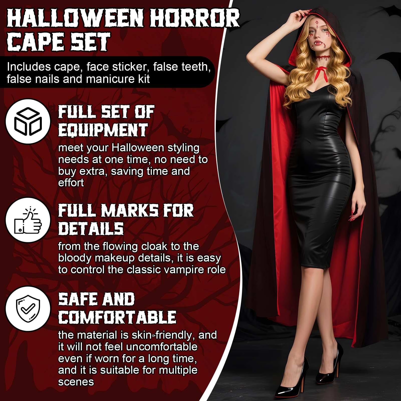 SHOPPGO Halloween Vampire Set, 140cm Vampire Cloak, 4 In 1 Pack Adult Vampire Costume with Halloween Face Stickers - Image 2