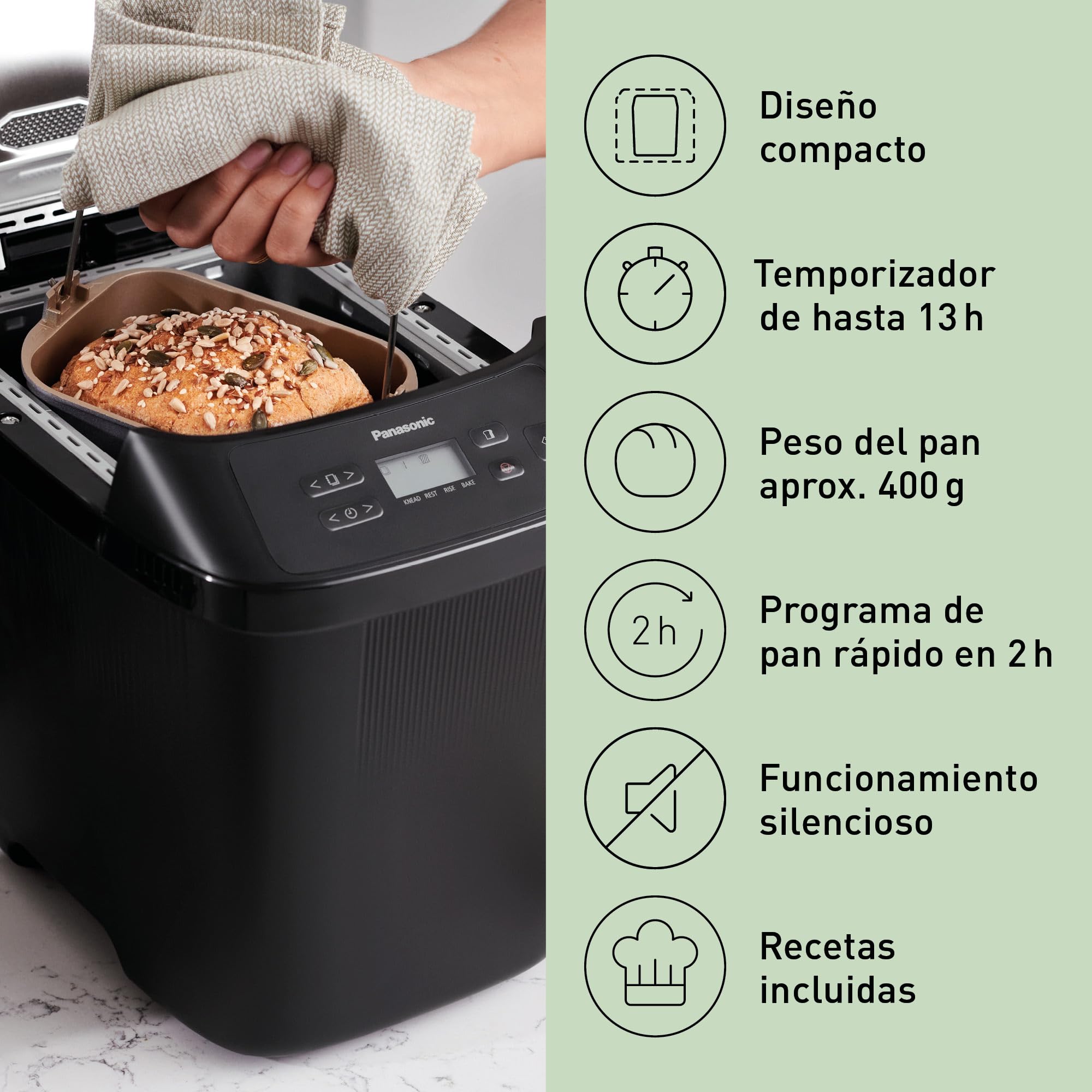 Panasonic SD-PN100KXE Mini Panificadora Automática para Hogares Pequeños, 4 Programas Sin Gluten, Diseño Compacto, 18 Programas Automáticos, Pantalla LCD, Pan Pequeño 200 o 400g, Negro
