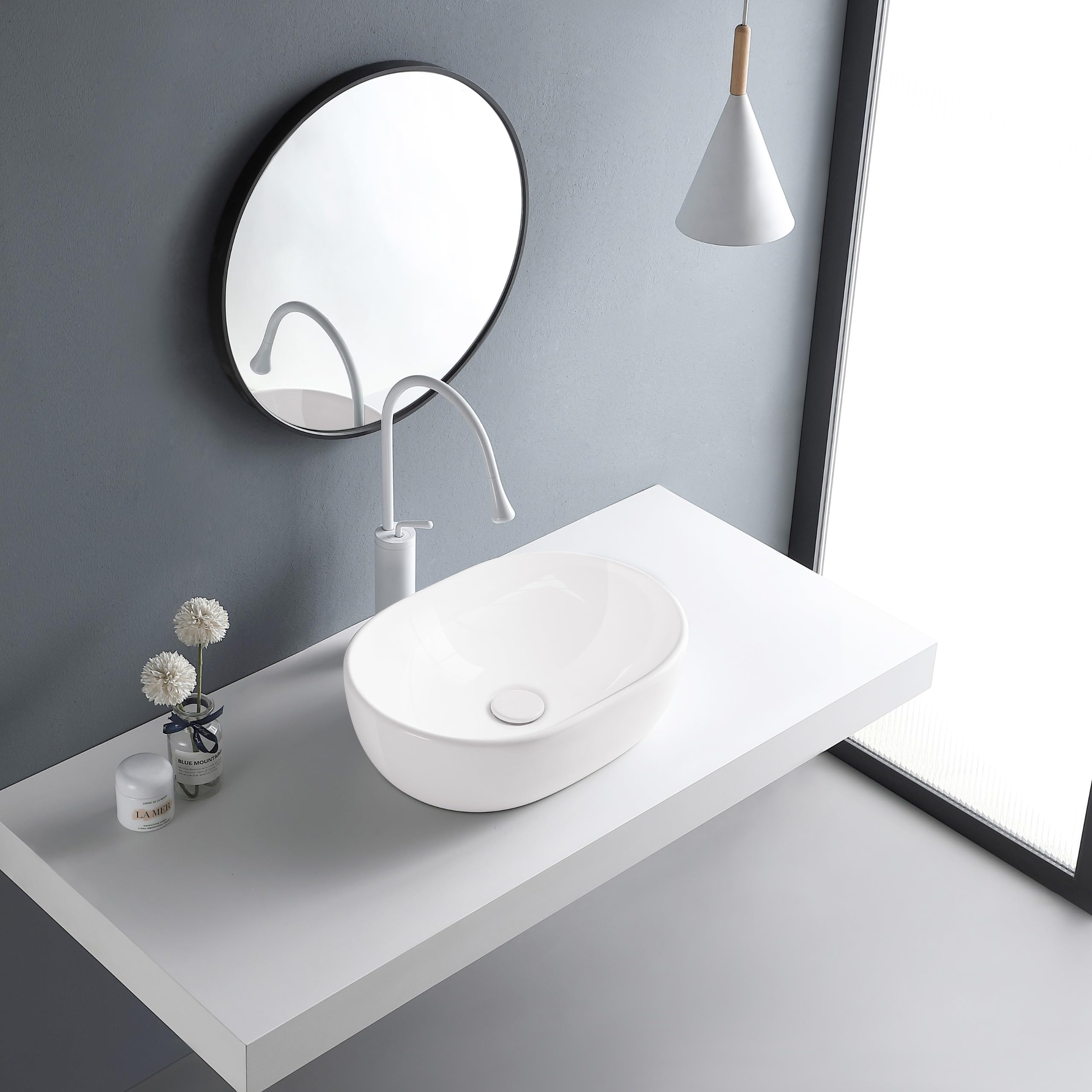 AQUAUNO - Lavabo da appoggio, 48 x 35 cm, ovale, in ceramica bianca, senza foro per rubinetto e troppopieno, per sanitari, bagno moderno