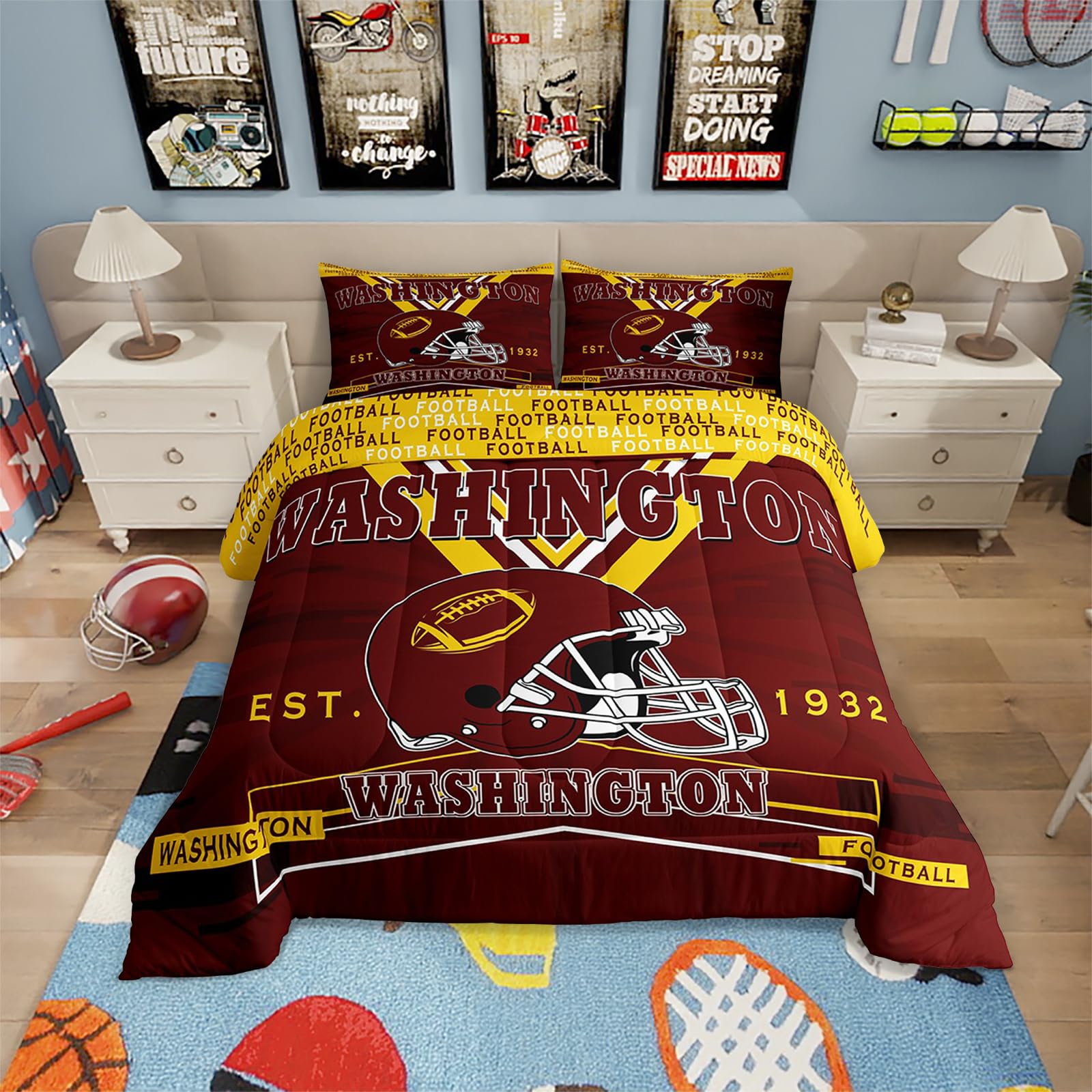 Erosebridal Football Comforter Sets for Kids Boys Teens,Rugby Bedding Set for Football Fan King,Football City Down Comforter,Sports Reversible Bed Set with 2 Pillowcases Soft(Washington)