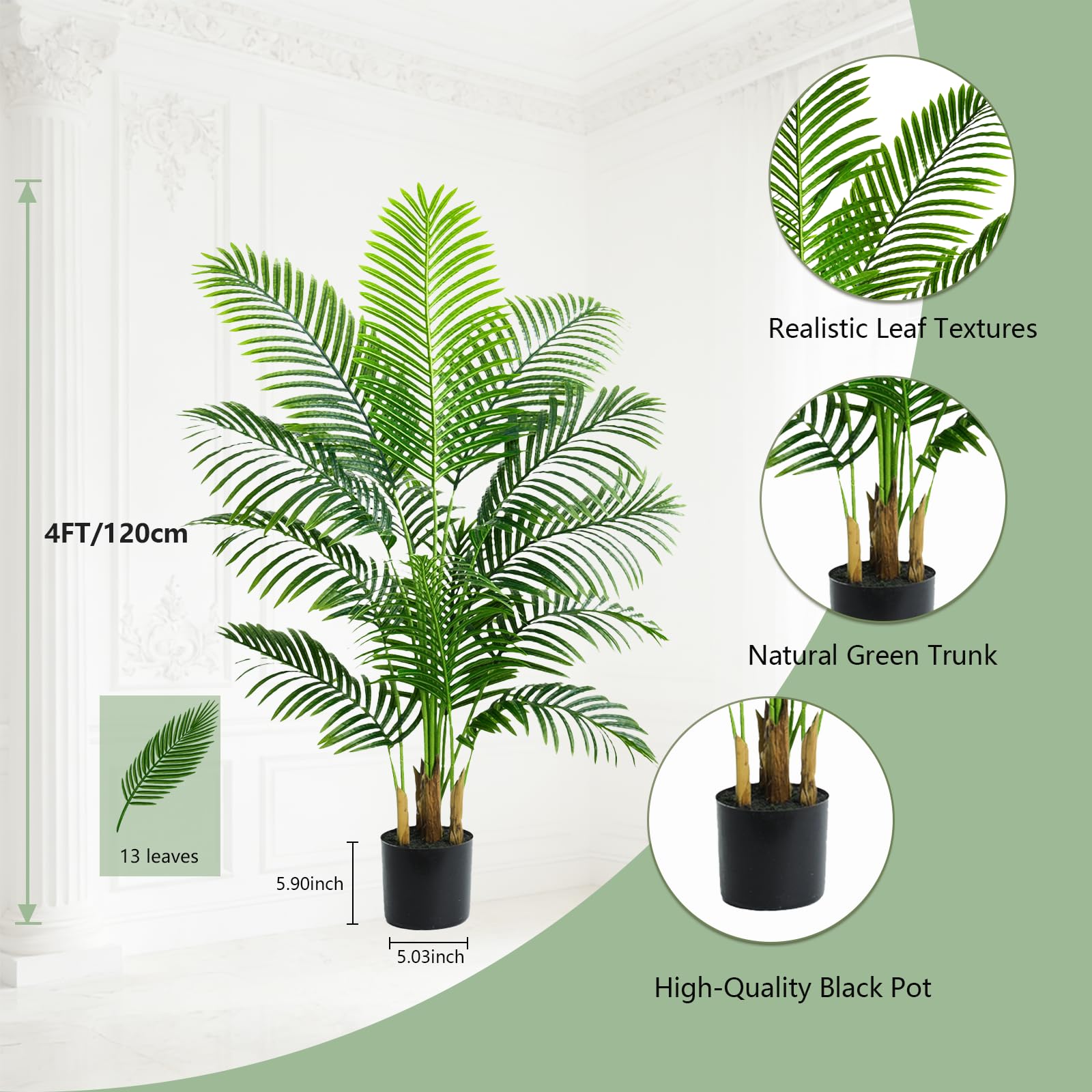 Künstliche Pflanzen 120cm, Kunstpflanze Palme Groß im Schwarzer Topf | Kunstpalme mit 13 Blätter | Kunstpflanzen wie echt für Zimmer Wohnzimmer Schlafzimmer Büro Balkon Innen Dekoration