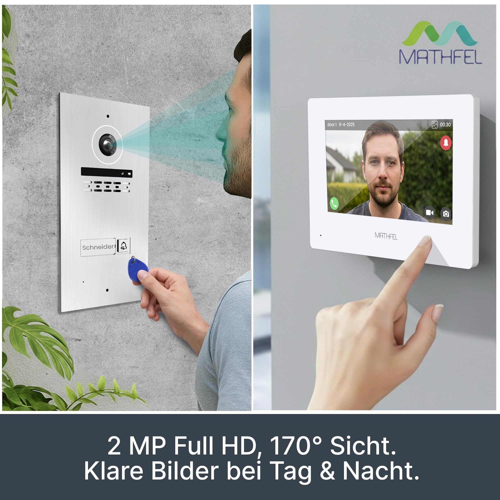 Mathfel 1 Familienhaus 2 Draht Bus WLAN Video-Türsprechanlage, 3x7 Zoll Monitor mit Full HD 2 Megapixel 170 Grad Weitwinkelkamera -Außenstation in Silber mit RFID
