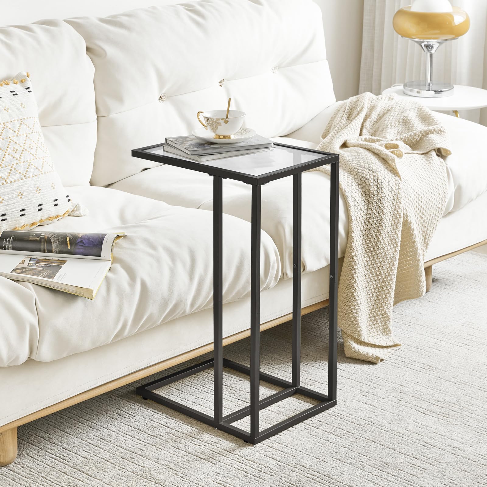 YMYNY Mesa Auxiliar en Forma de C, Mesita de Sofá, Mesa de Cristal Templado con Marco de Metal, Mesa de Centro, Apto para Salón O Dormitorio O Oficina, ‎40 x 30 x 63CM Negro HGD001B