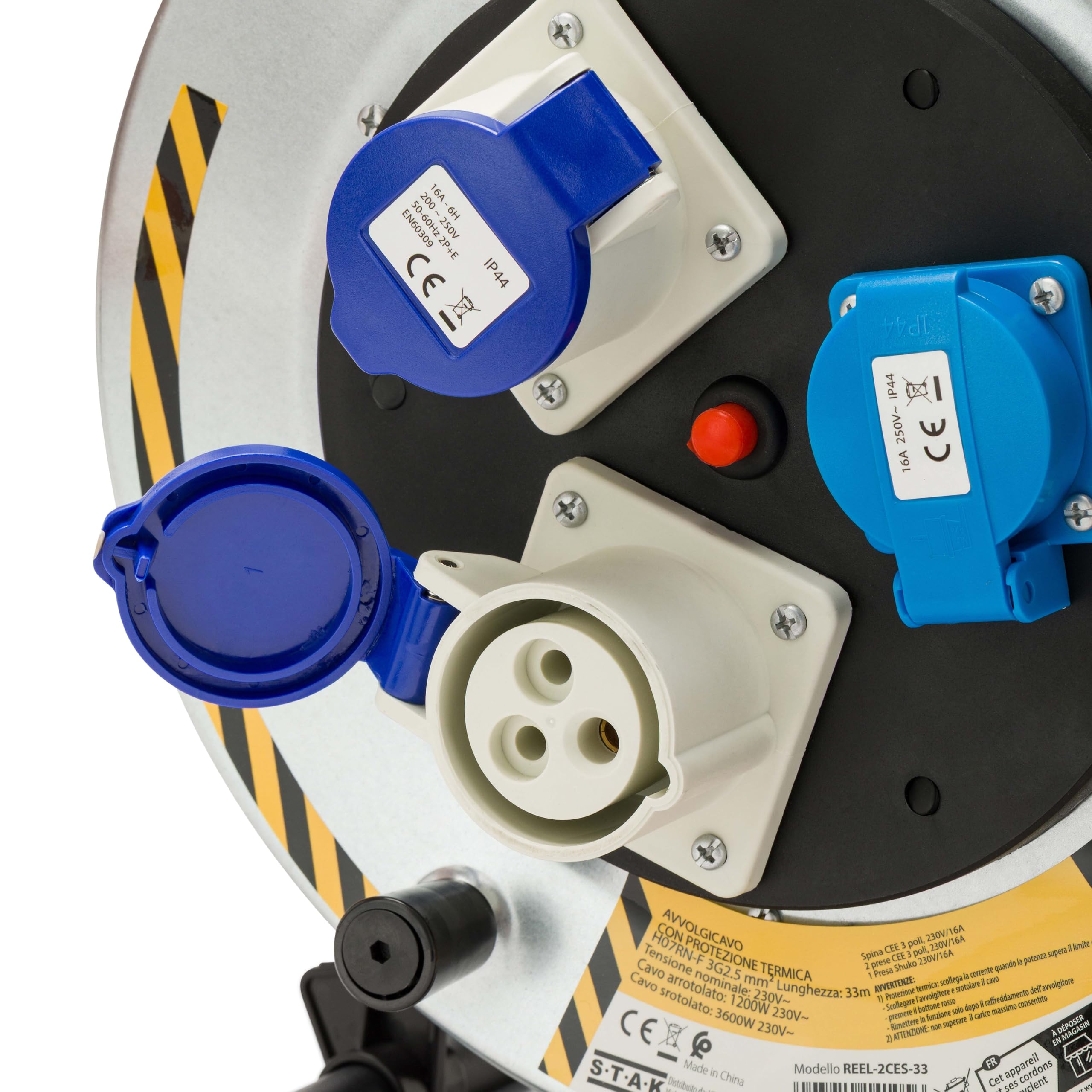 STAK Avvolgicavo Industriale Professionale 33 Metri IP44 con Cavo H07RN-F 3G2.5 mm², 2 Prese CEE + 1 Schuko, Spina CEE 16A, Prolunga Elettrica per Cantiere, Camper, Campeggio e Nautica