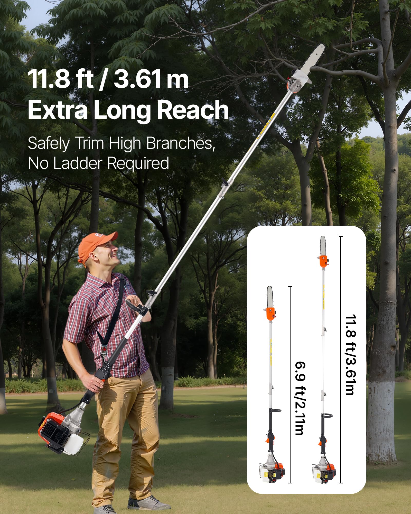 VEVOR Benzynowa piła łańcuchowa akumulatorowa 43 cm3 2-suwowa z drążkiem tnącym 25,4 cm, obrotową głowicą i wysuwaną od 2,11 do 3,61 m do przycinania drzew, pomarańczowa