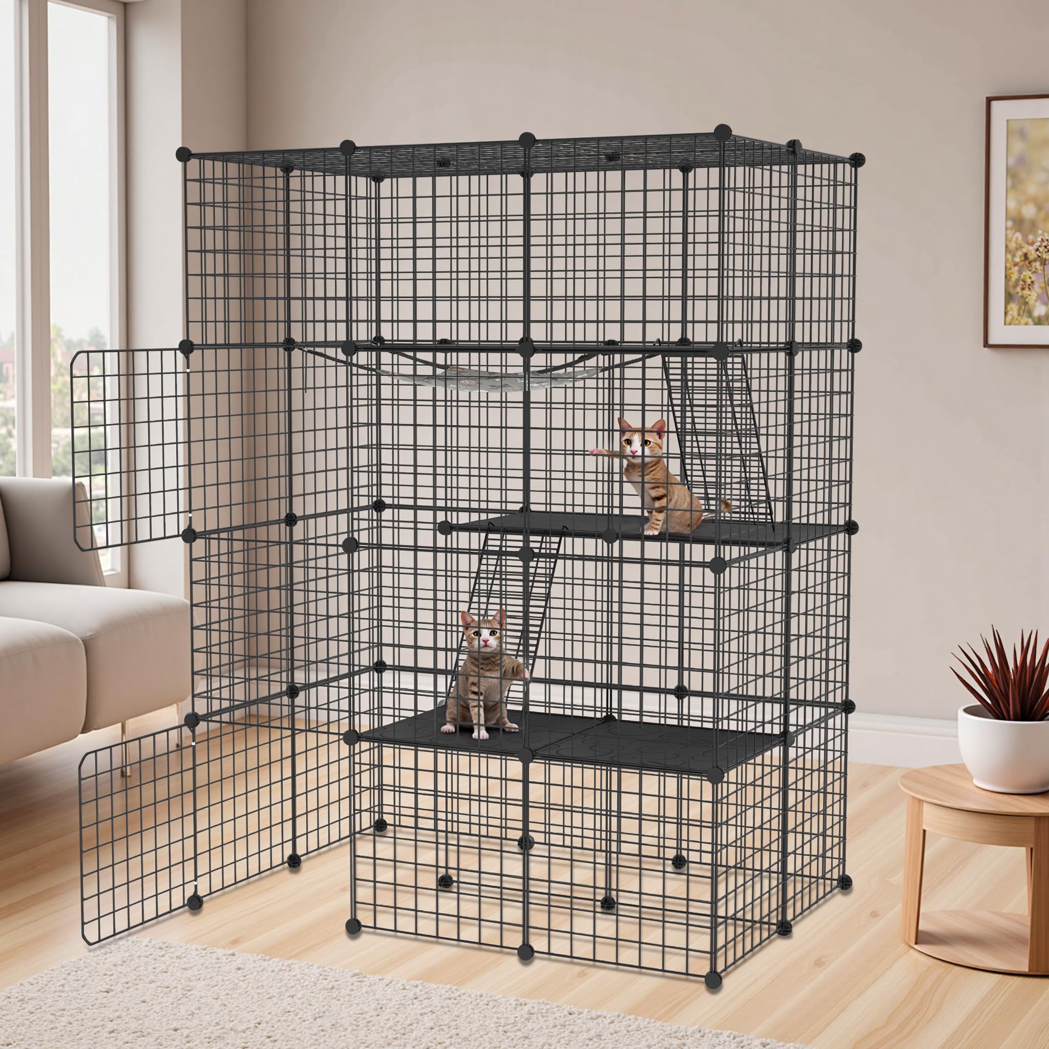 NAIZY Jaula para gatos de 4 pisos grande con hamaca, 146 x 110 x 74 cm, jaula de metal extraíble, parque para interiores y balcón