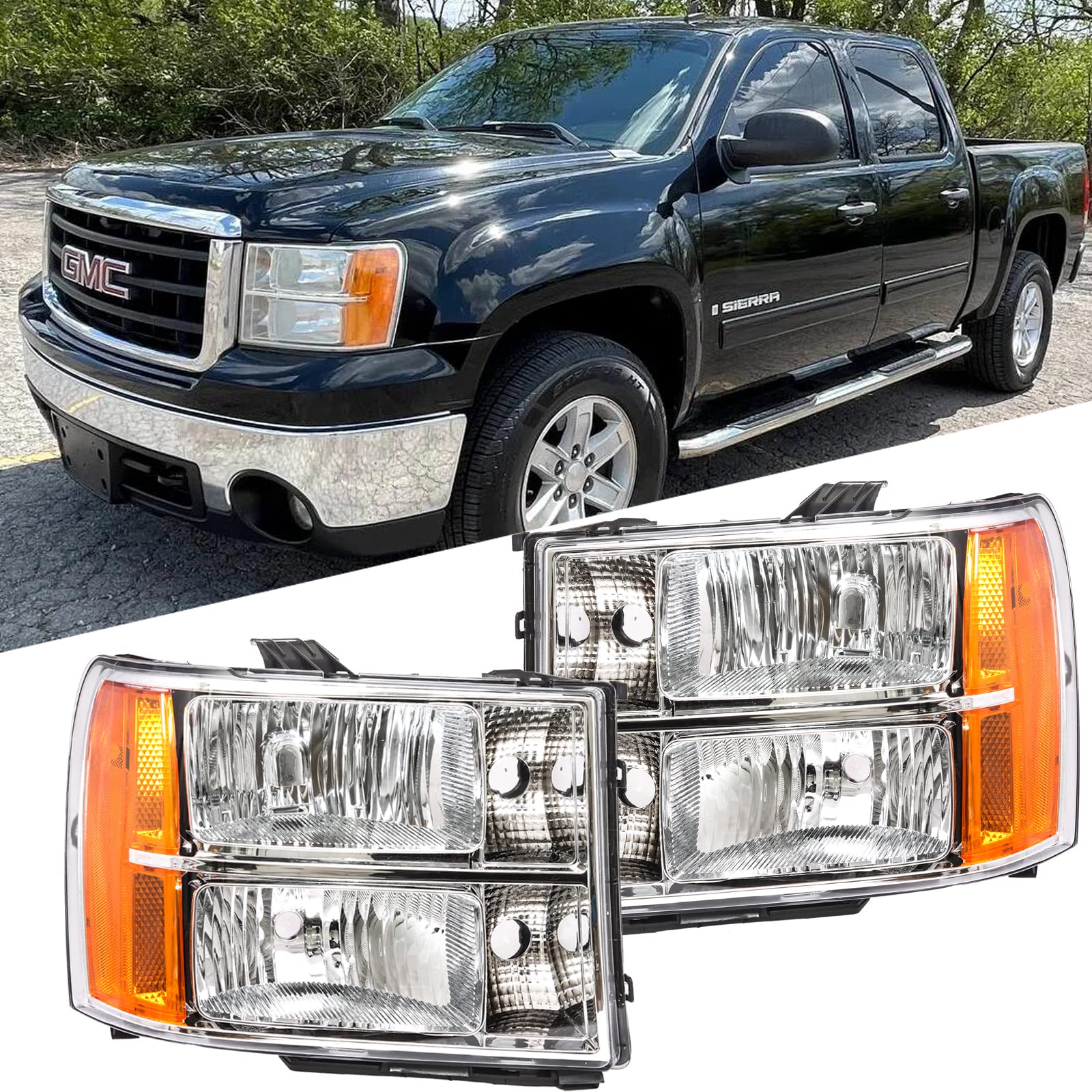 APSVE Chrome Housing Headlights Replacement Compatible with 07-13 Sierra 1500/2500 HD / 3500 HD, Amber Side