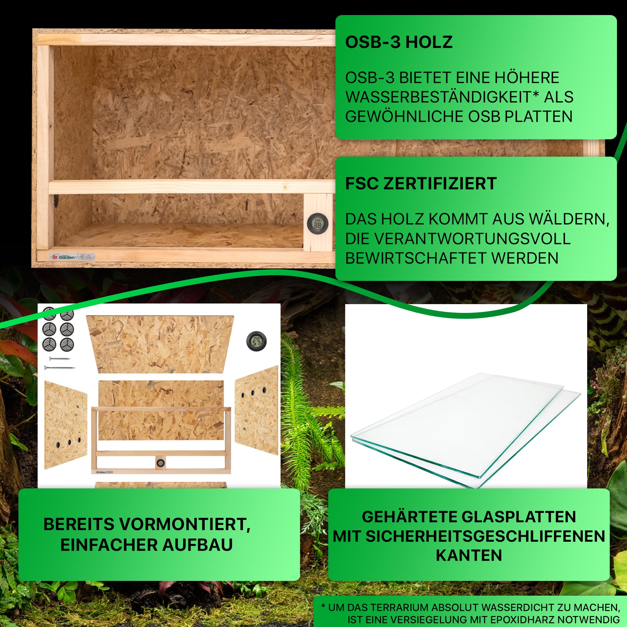 ITA Drewniane terrarium 120 x 50 x 50 cm ze zintegrowaną wentylacją i higrometrem, drewniane terrarium OSB-3, dla gadów, węży, płazów - produkt UE, certyfikat FSC