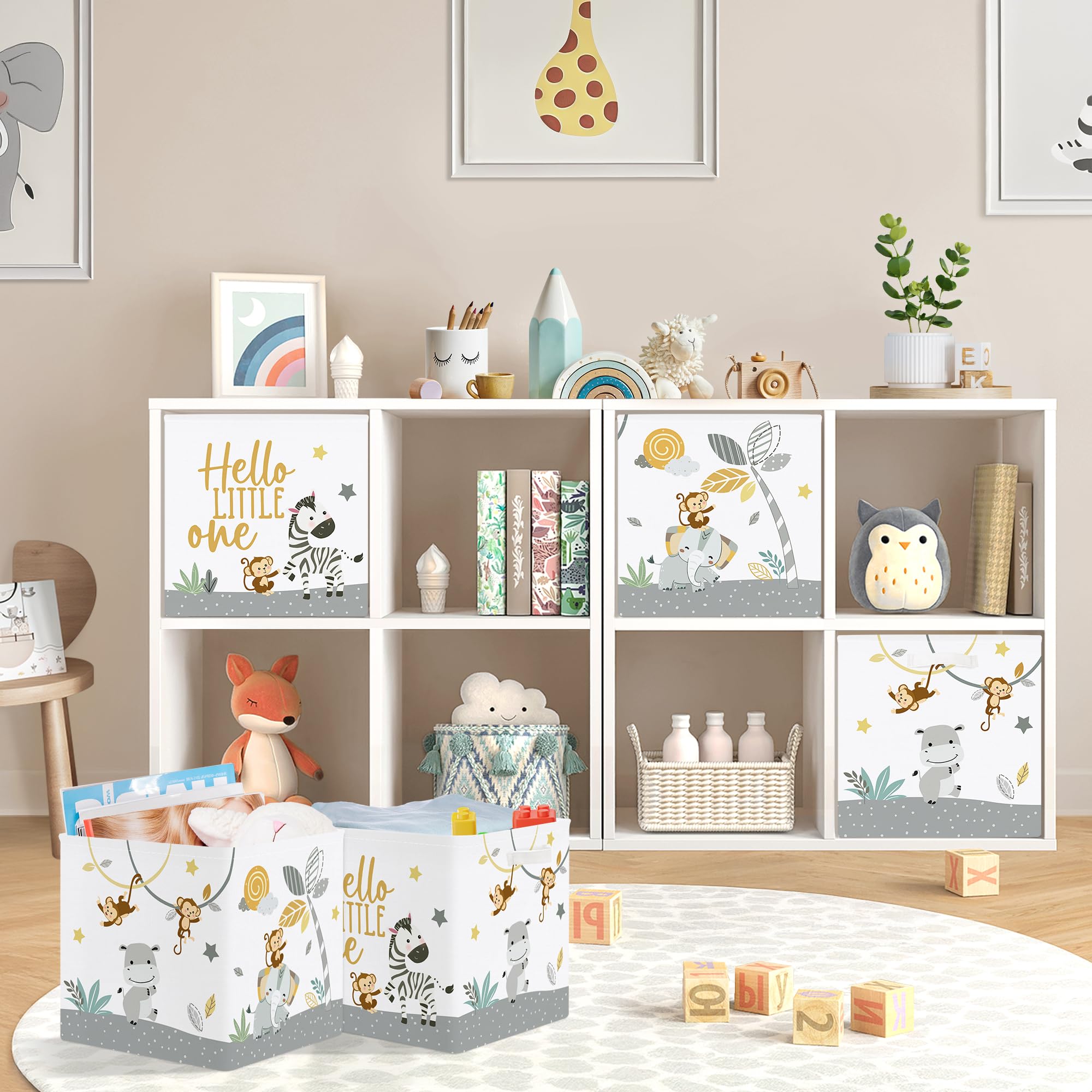HUUMONSS 11.8" Tropical Animals Storage Cube Organizer Set 3Pcs Clothes Storage Basket Bin for Closet Shelf Elephant Giraffe Zebra Nursery Kid Room Book Toy Chest - Image 3