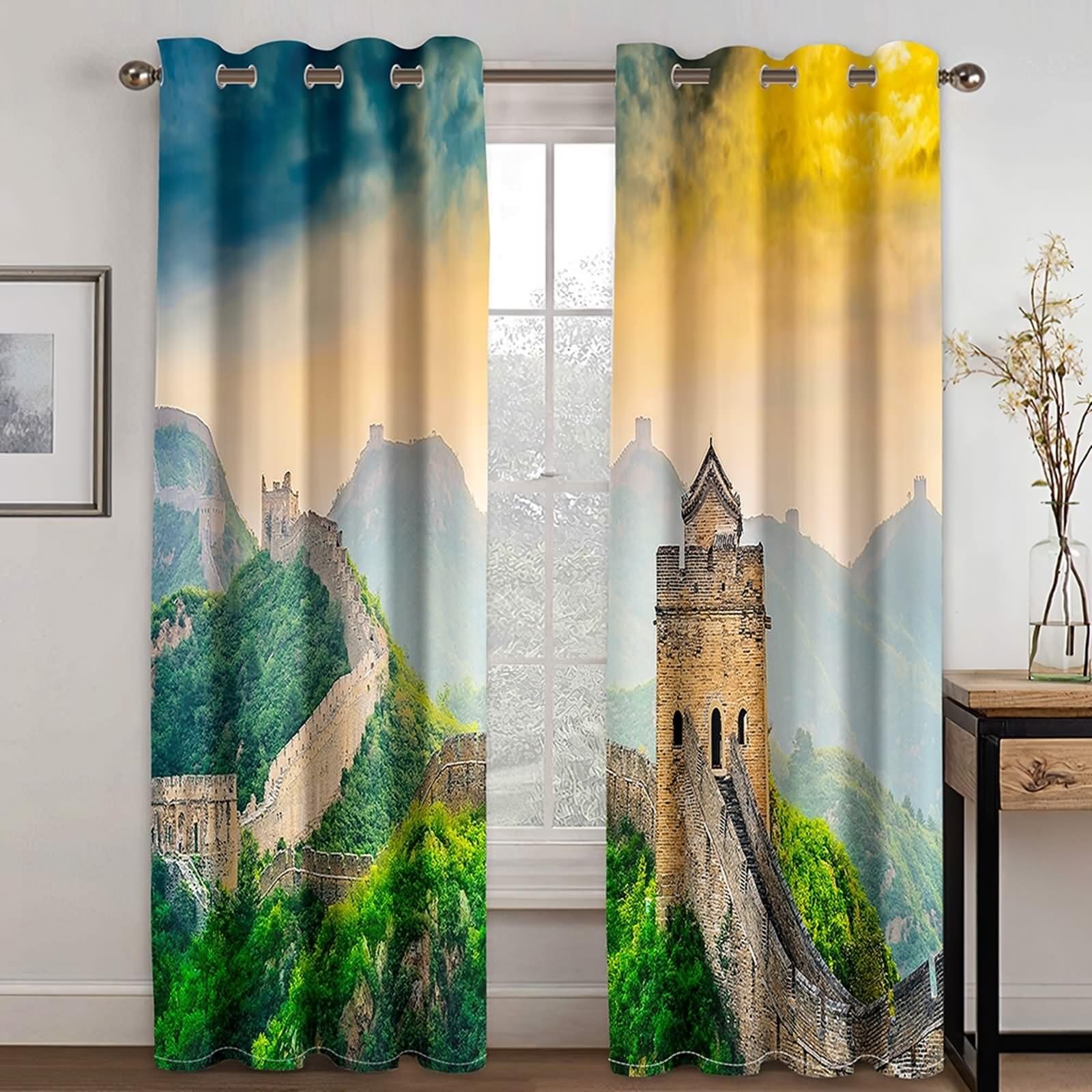 Zasłona okienna, zaciemnienie zasłony żółty zielony brązowy krajobraz wielkiego muru poliester 2 panele 204x244cm