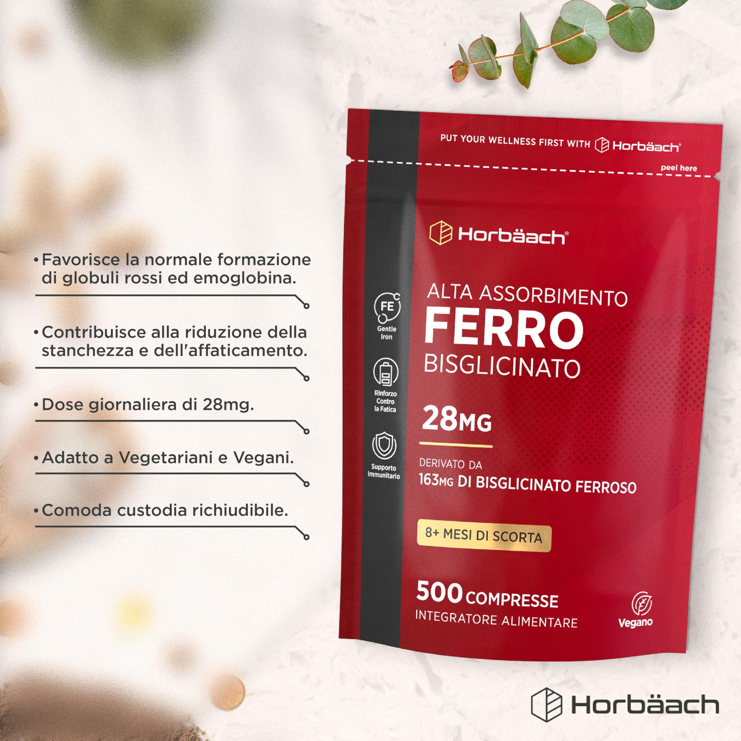 Ferro Integratore Forte 28 mg | 500 Compresse Vegane | Ferro Bisglicinato | Supporto Energetico | Gentle Iron Supplement | di Horbaach