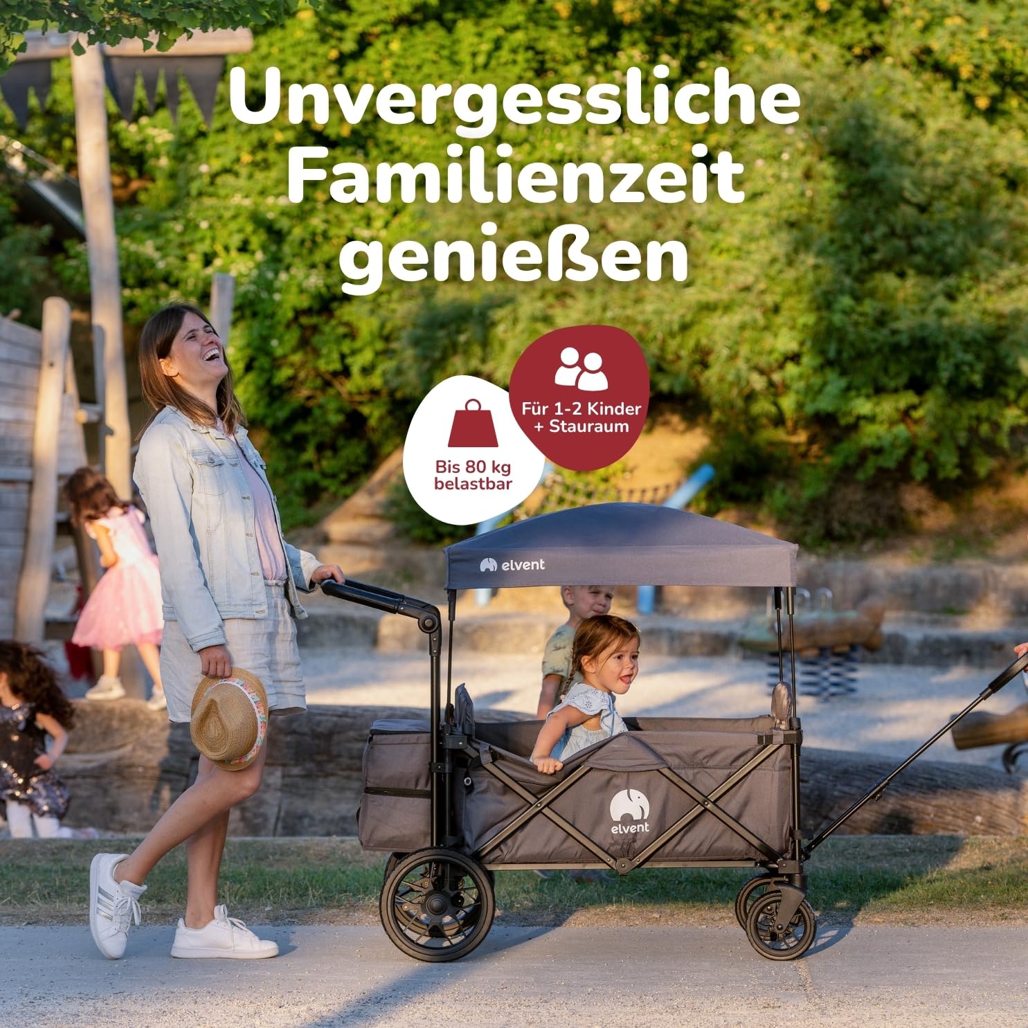 elvent® SmartCruiser Premium Bollerwagen - Handwagen faltbar mit Dach I Sitzpolster, Hecktasche, Feststellbremse, Off-Road-Reifen, 5-Punkt-Gurt I für 2 Kinder | Teleskop-Zugstange (Grau)