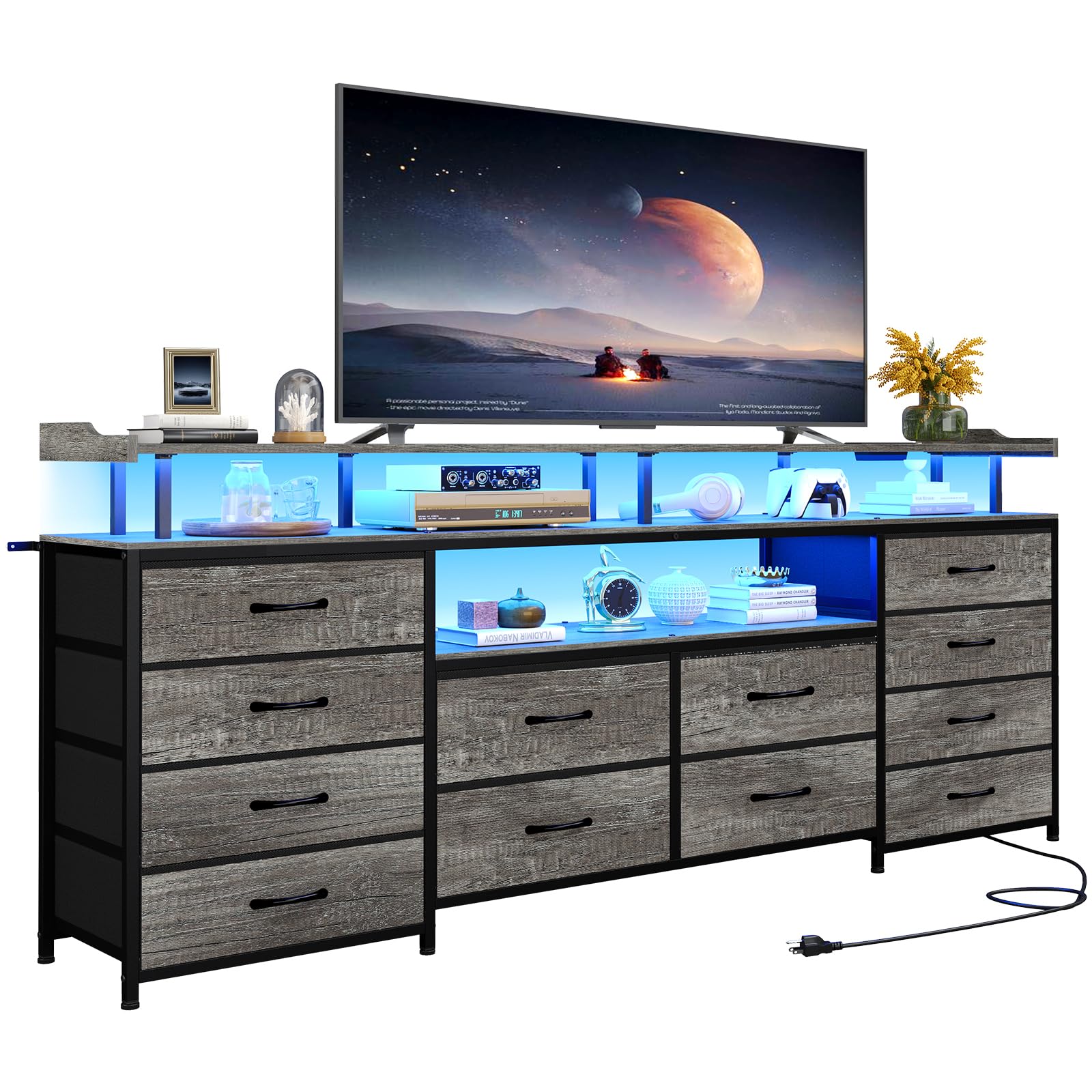 HAUOMS TV Stand Dresser for 65 Inch TV, 63" W with LED Lights & Power Outlets, Grey Long Dresser with 12 Fabric Drawers, Entertainment Center with