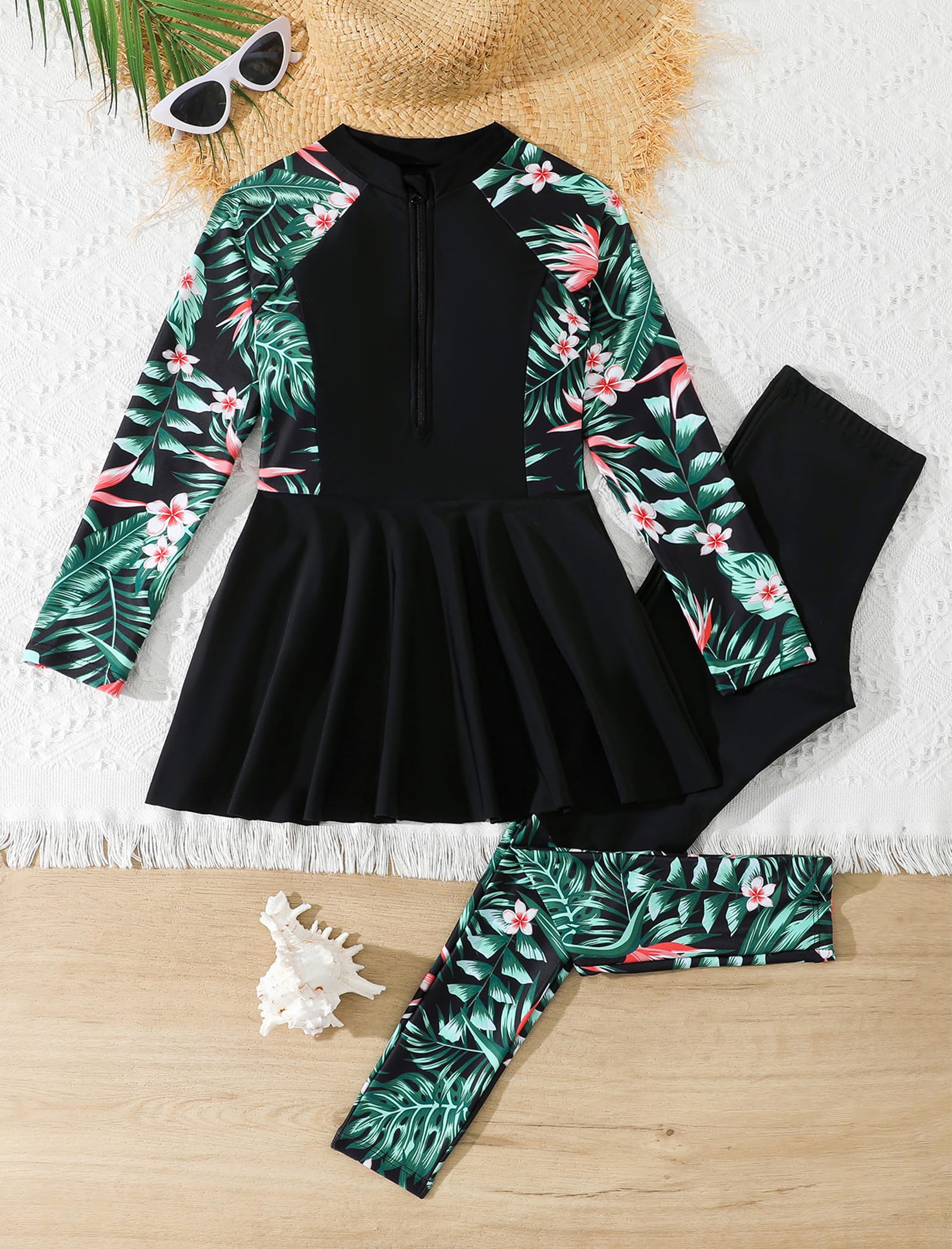 IMEKIS Costume da bagno musulmano per ragazze e bambine, a maniche lunghe, con stampa tropicale, 2 pezzi, costume da bagno modesto per età da 8 a 12 anni